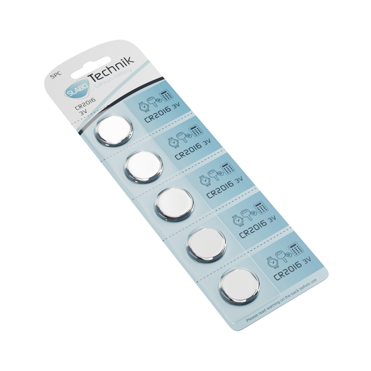 Eine Blisterverpackung mit fünf CR2016 3V Batterien. Das Etikett zeigt Produktinformationen.
