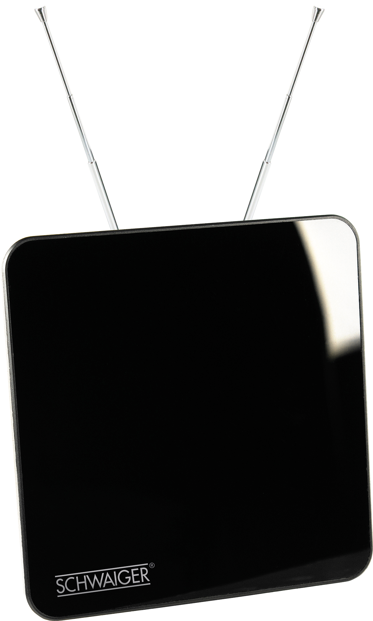 Czarna kwadratowa antena TV z dwiema wysuwanymi antenami na białym tle.