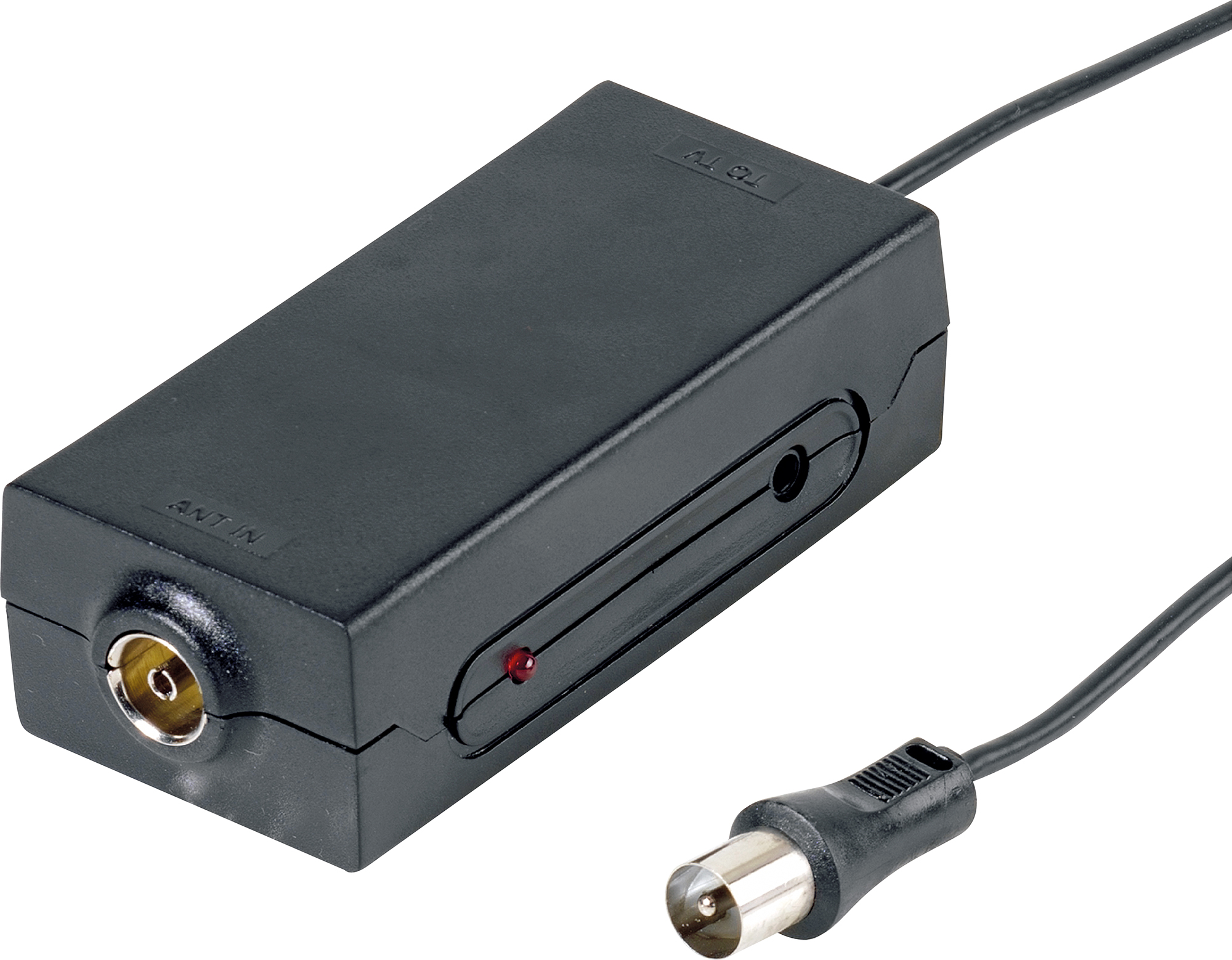 Czarne prostokątne urządzenie z kablem i złączem. Posiada etykiety 'ANT IN' i 'TV OUT'.
