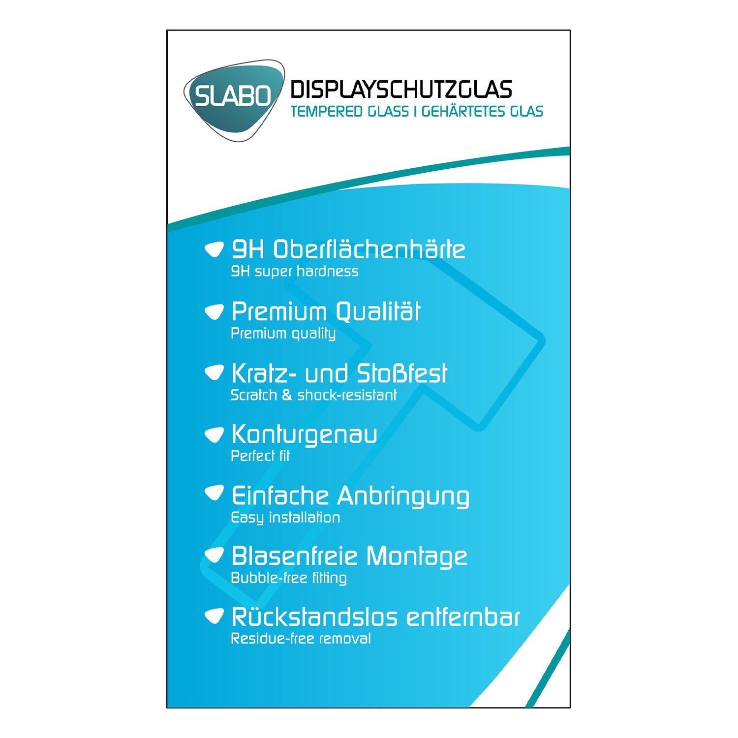 Eine weiße und blaue Produktinformationskarte. Sie beschreibt Produktmerkmale.