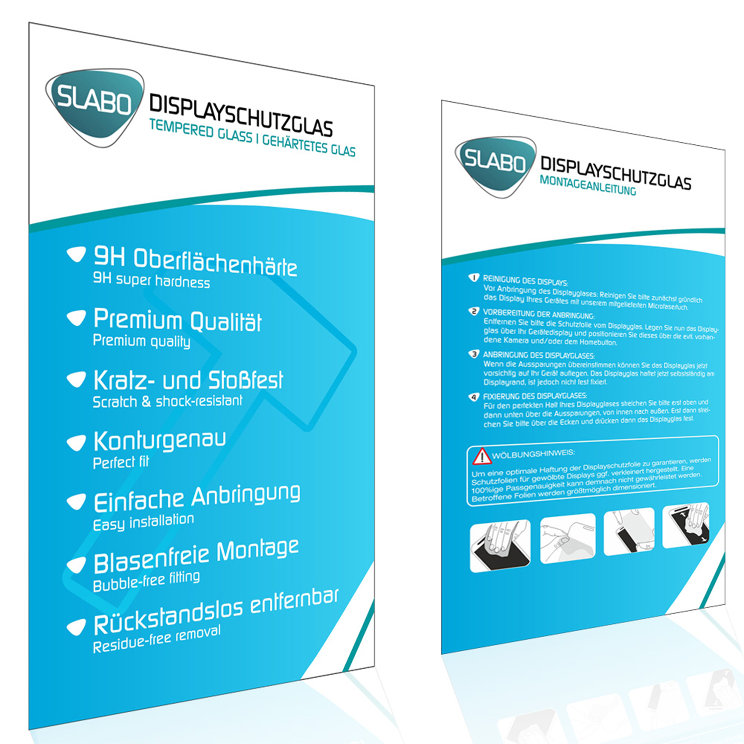 Weiße und blaue SLABO-Verpackung mit Produktangaben, einschließlich Kratzfestigkeit und einfacher Installation.