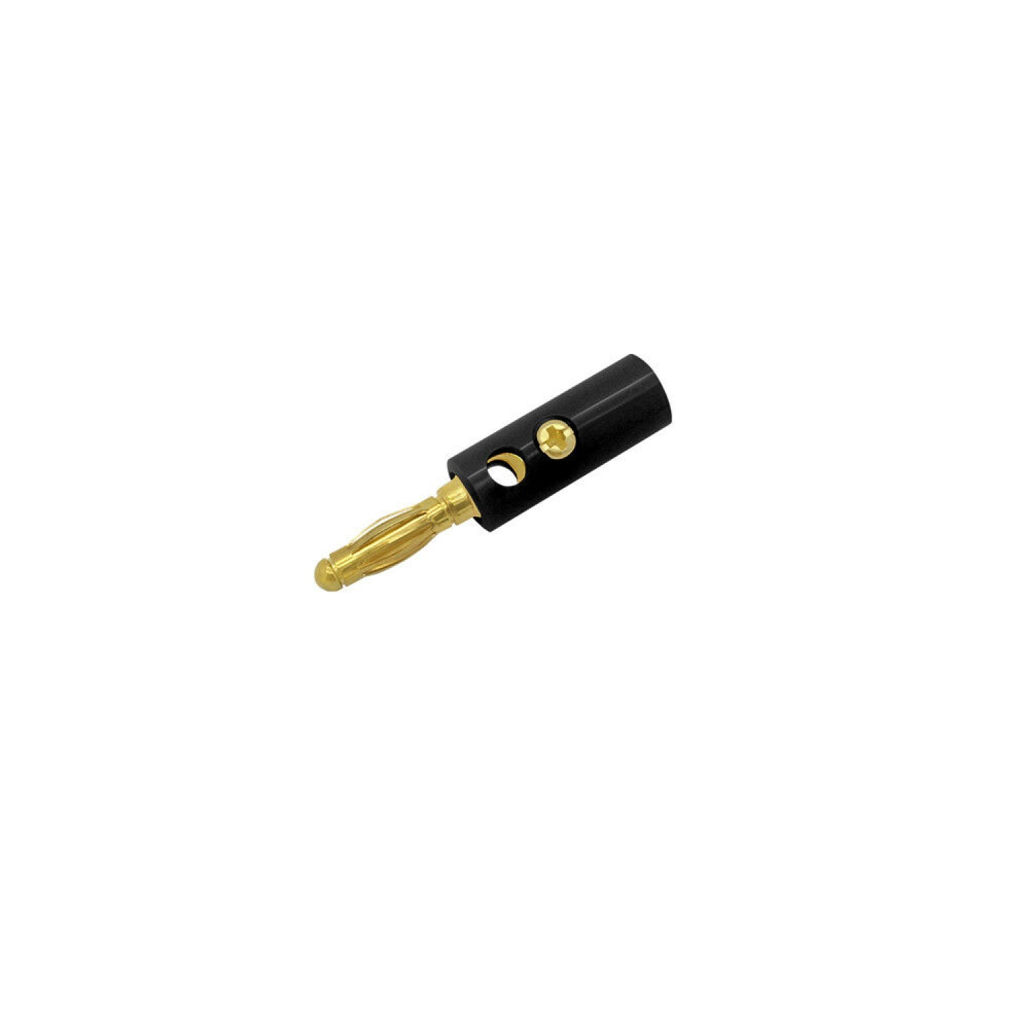 Schwarzer und goldener elektrischer Stecker. Die Oberseite ist schwarz, mit goldener Spitze. Isoliert auf Weiß.