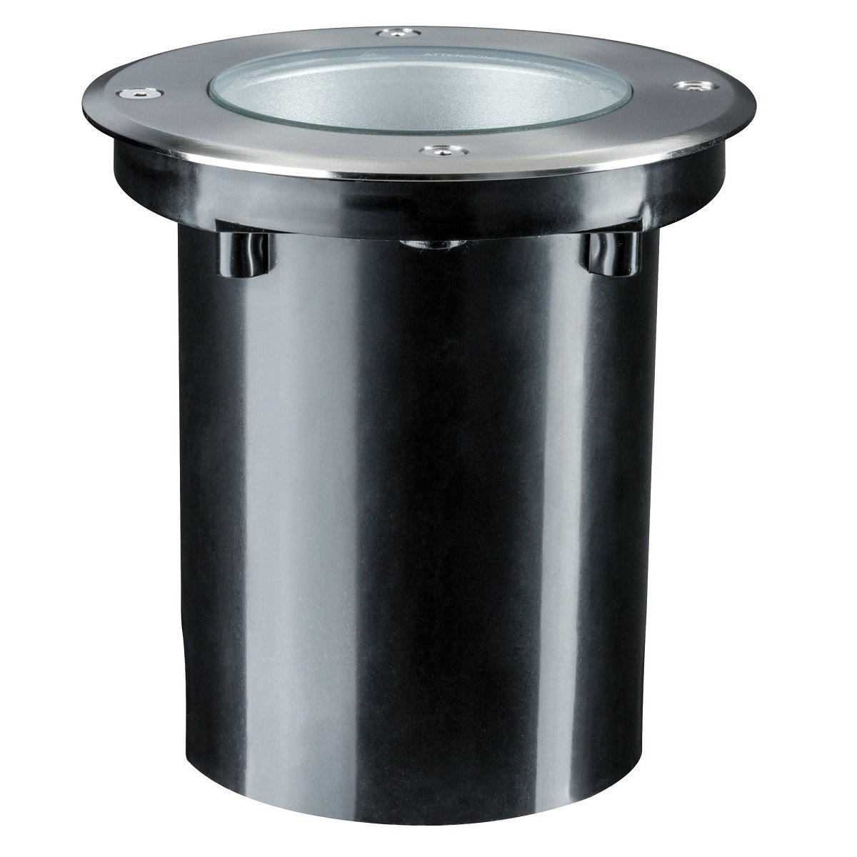 Cylindryczna czarna oprawa oświetleniowa ze srebrną obwódką, gotowa do instalacji w ziemi.