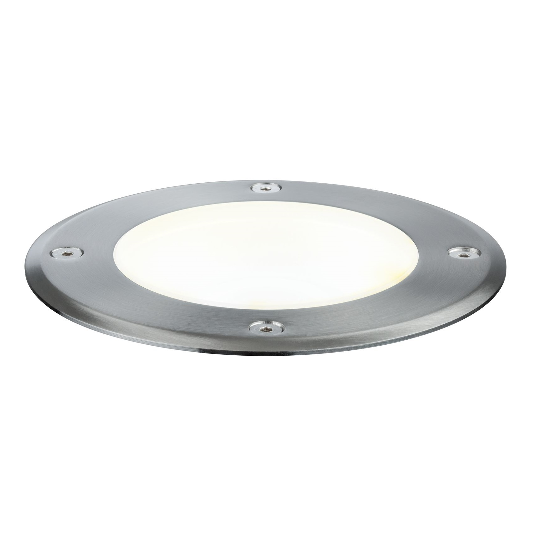Okrągła wpuszczana oprawa LED ze srebrną obręczą i czterema śrubami, na białym tle.