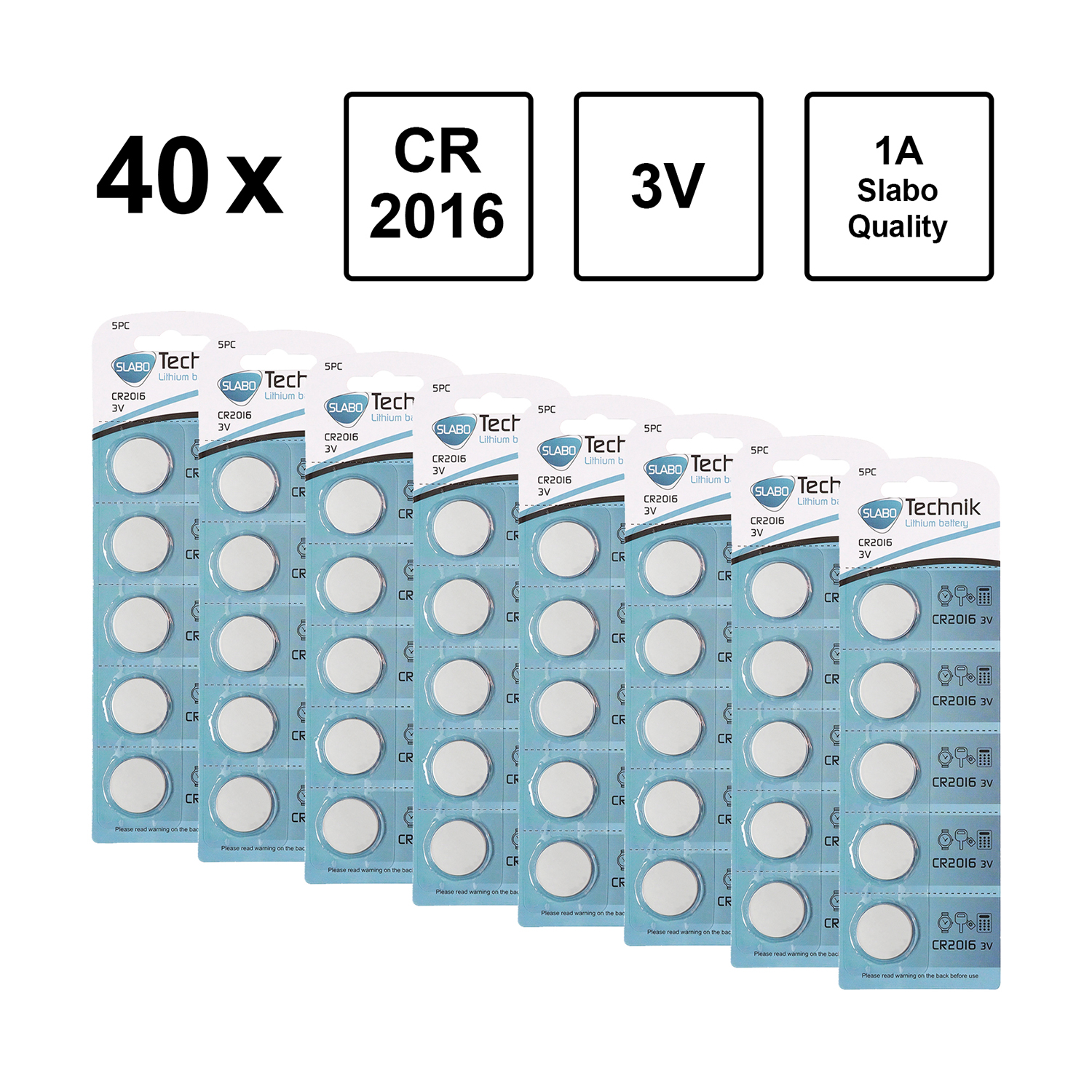 Mehrere CR2016 Batterien in Verpackung mit dem Text "40 x CR 2016 3V 1A Slabo Quality".