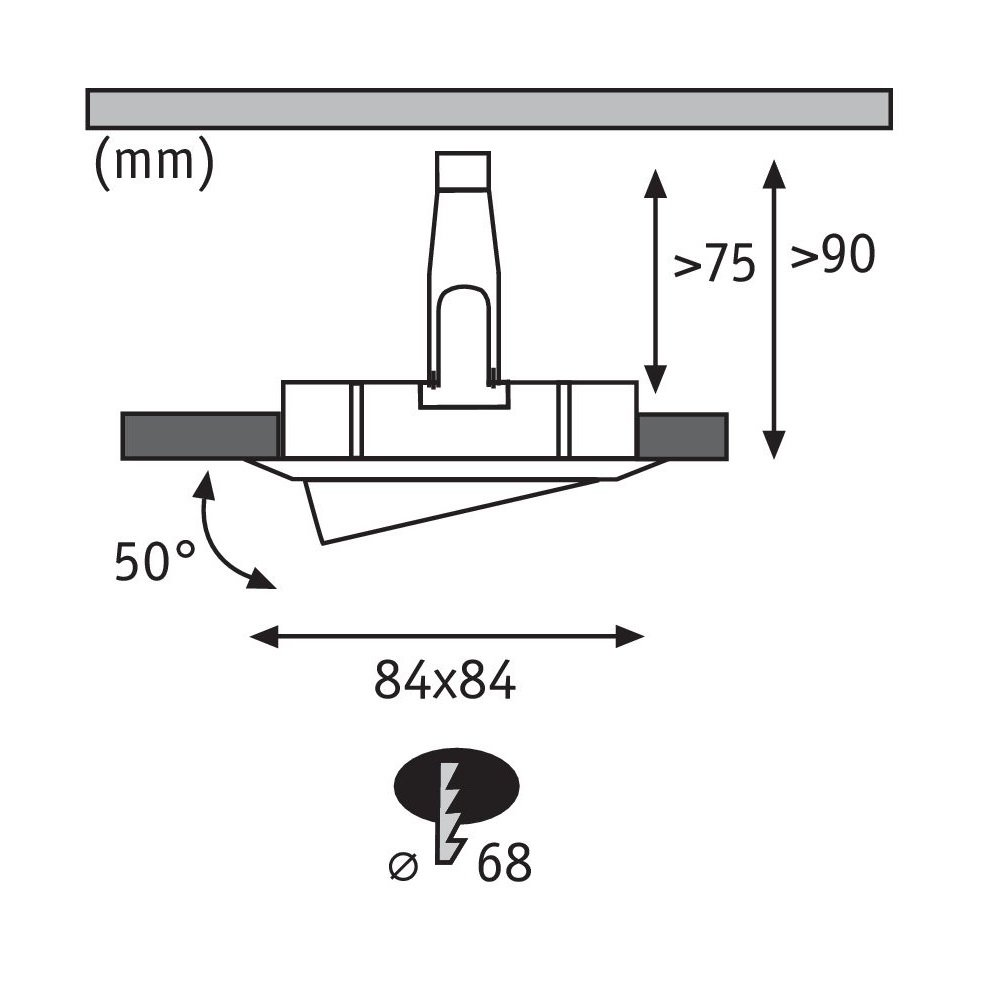 Diagramm einer Einbauleuchte. Zeigt Abmessungen und Winkel.