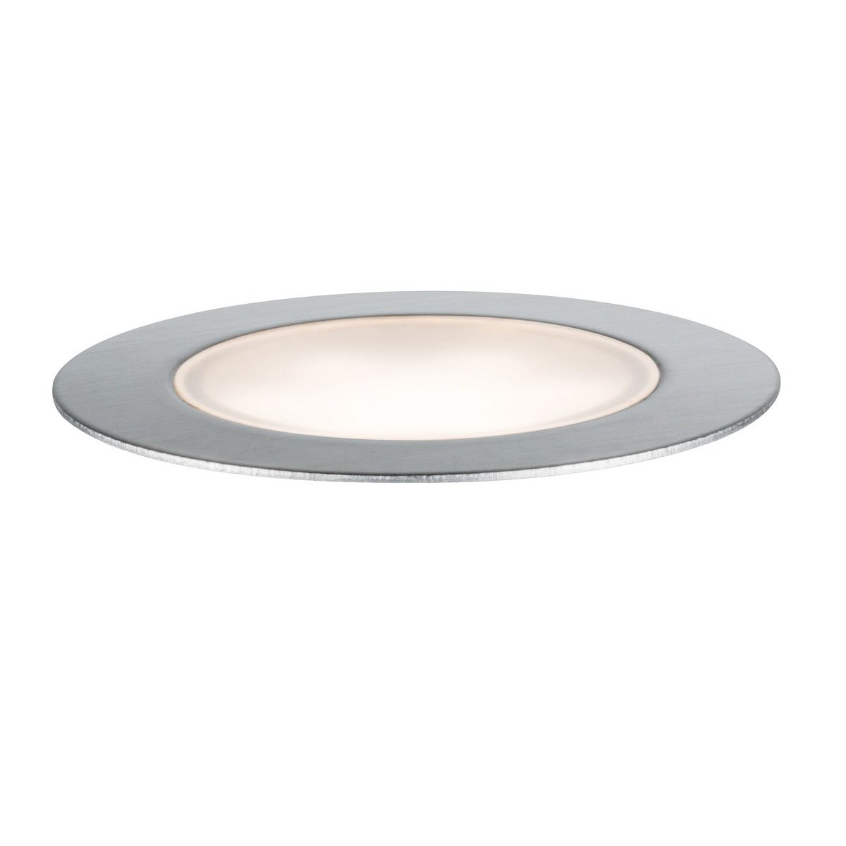 Okrągła wpuszczana lampa LED, ze srebrną obwódką i białym, podświetlonym środkiem.