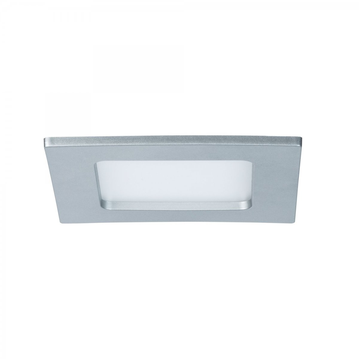 Apparecchio di illuminazione a LED rettangolare argentato con una luce bianca incassata.