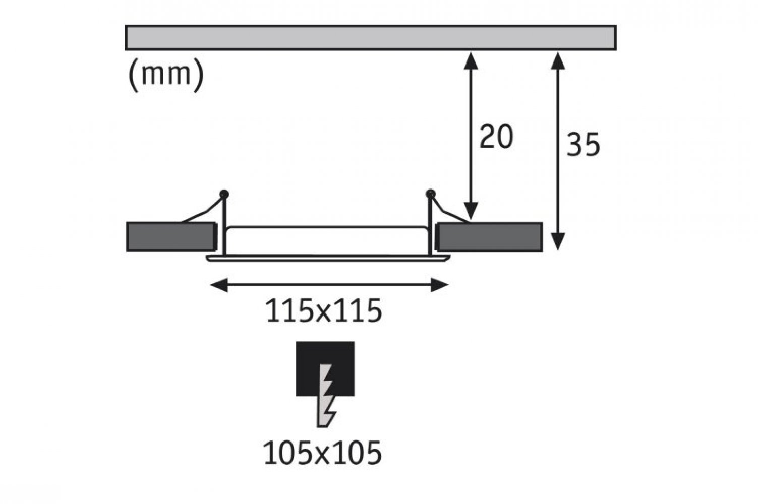 Schema di un apparecchio di illuminazione a soffitto. Mostra le dimensioni e il collegamento elettrico.