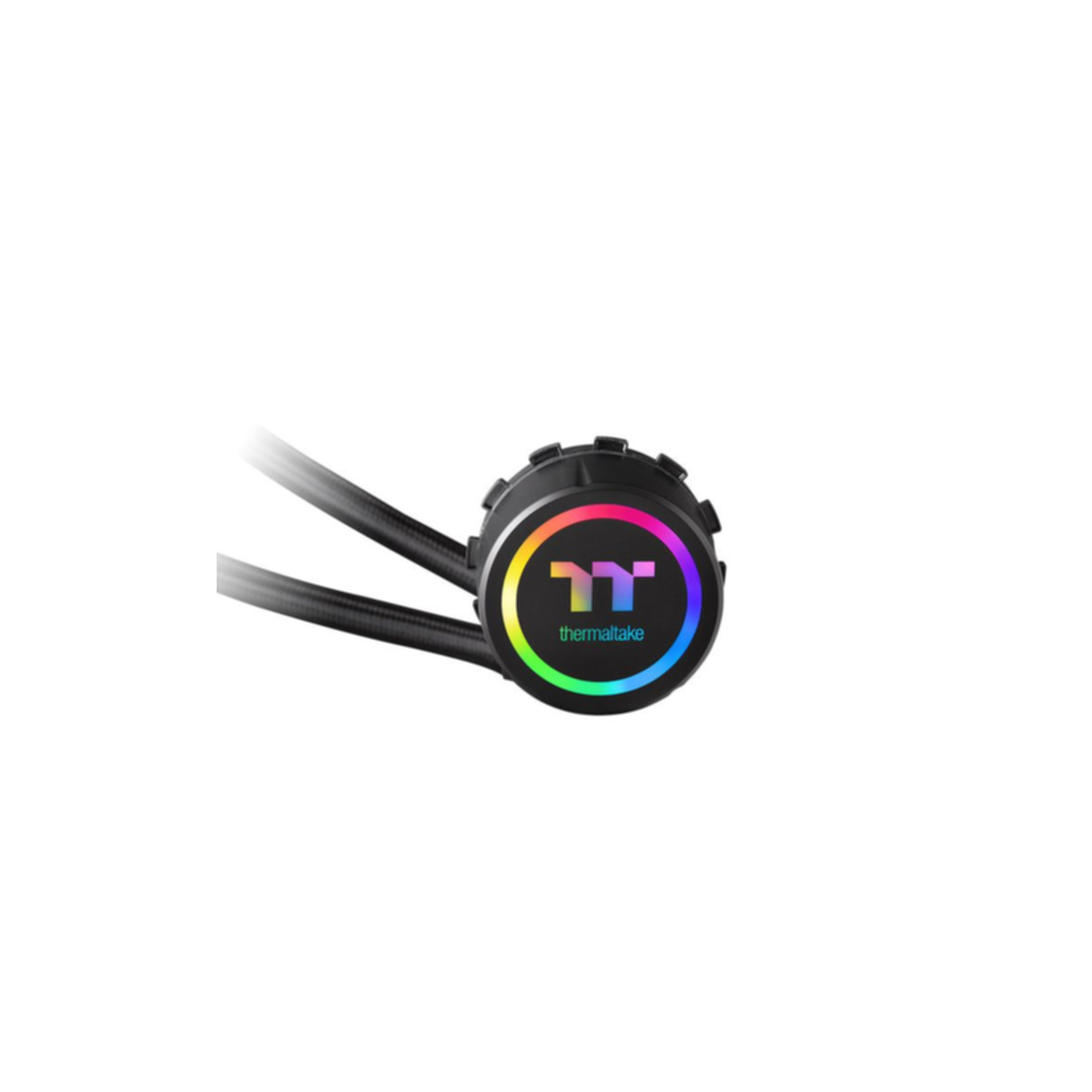 Ein kreisförmiger Wasserkühler mit Thermaltake-Logo, der ein Regenbogenlicht vor weißem Hintergrund ausstrahlt.