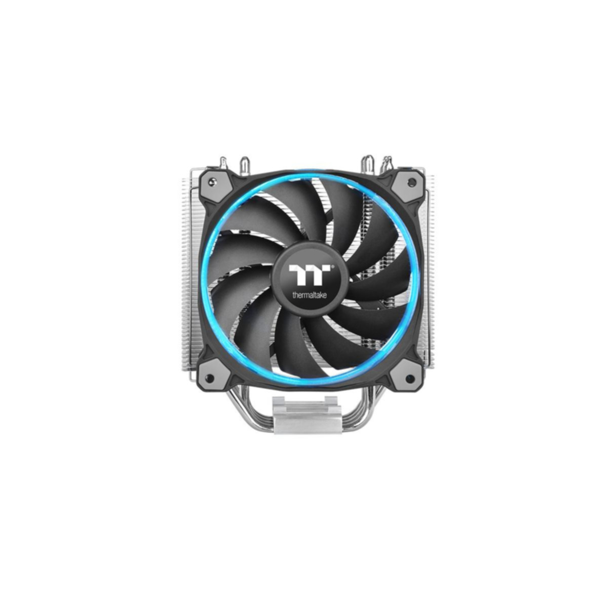 Computerventilator met blauwe LED-ringlicht. Zilver en zwart ontwerp, met een centraal logo.