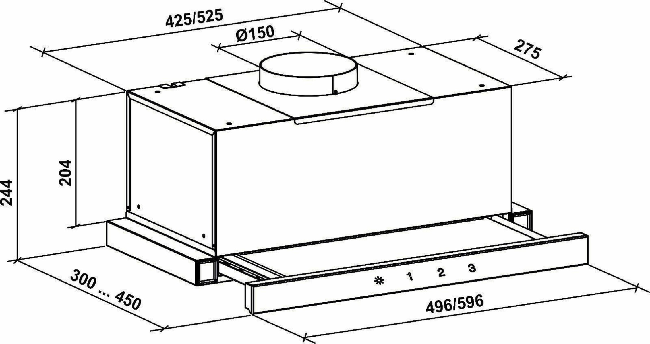 Dibujo técnico de una campana extractora con dimensiones en milímetros.