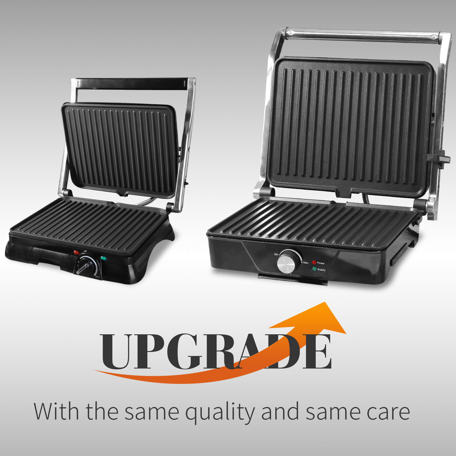 Grill mit offener und geschlossener Position, Text 'UPGRADE'. Ein Pfeil zeigt nach oben. Gleiche Qualität.