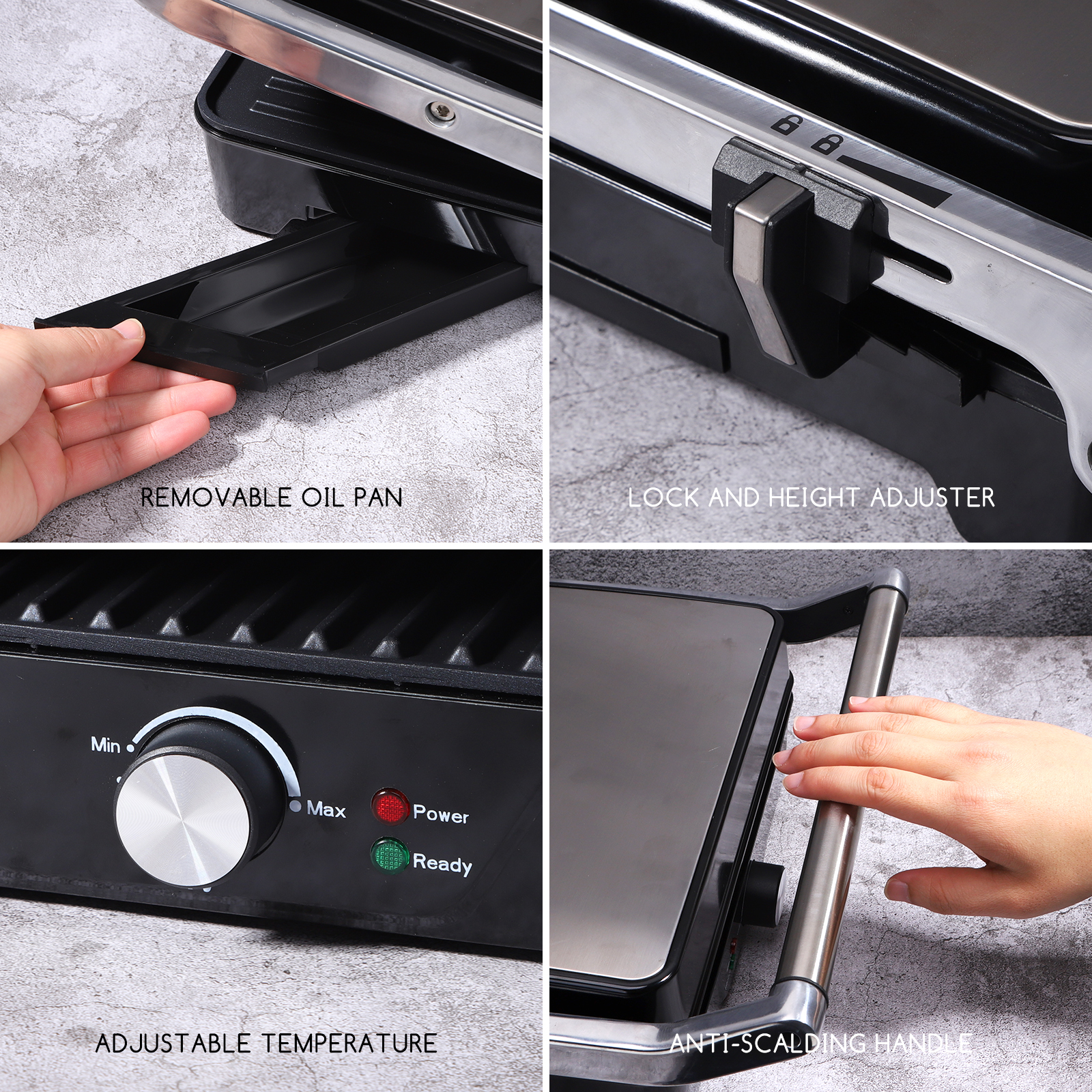 Details eines elektrischen Grills mit Komponenten wie herausnehmbarer Ölwanne und Griff.