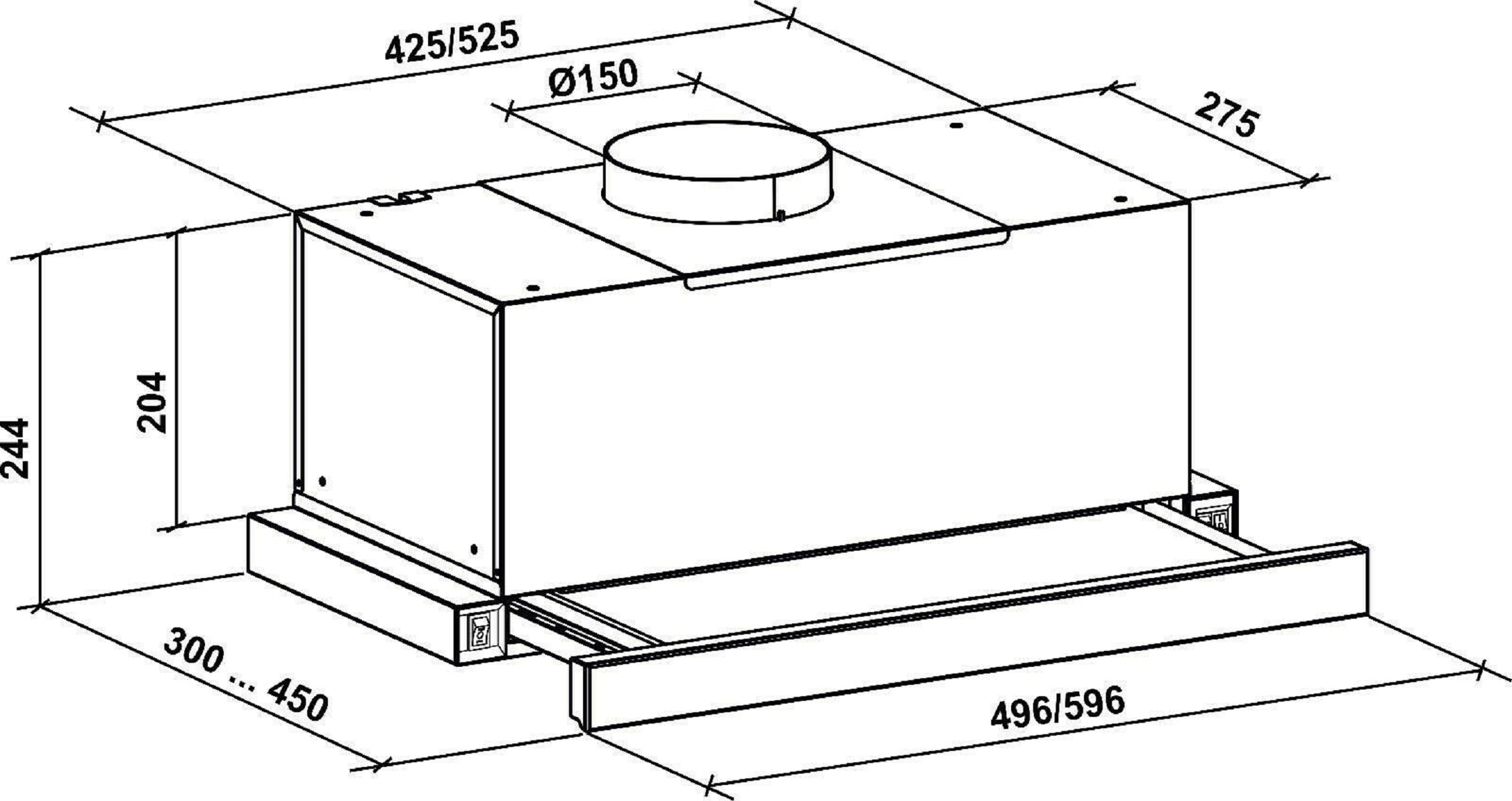 Dibujo técnico de una campana extractora. Incluye dimensiones y una vista superior con ventilación redonda.