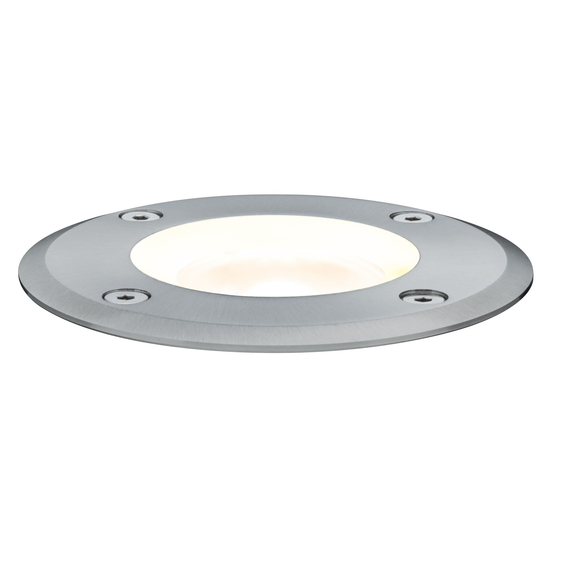 Okrągła, srebrna lampa gruntowa z jasnym, żółtym światłem centralnym.