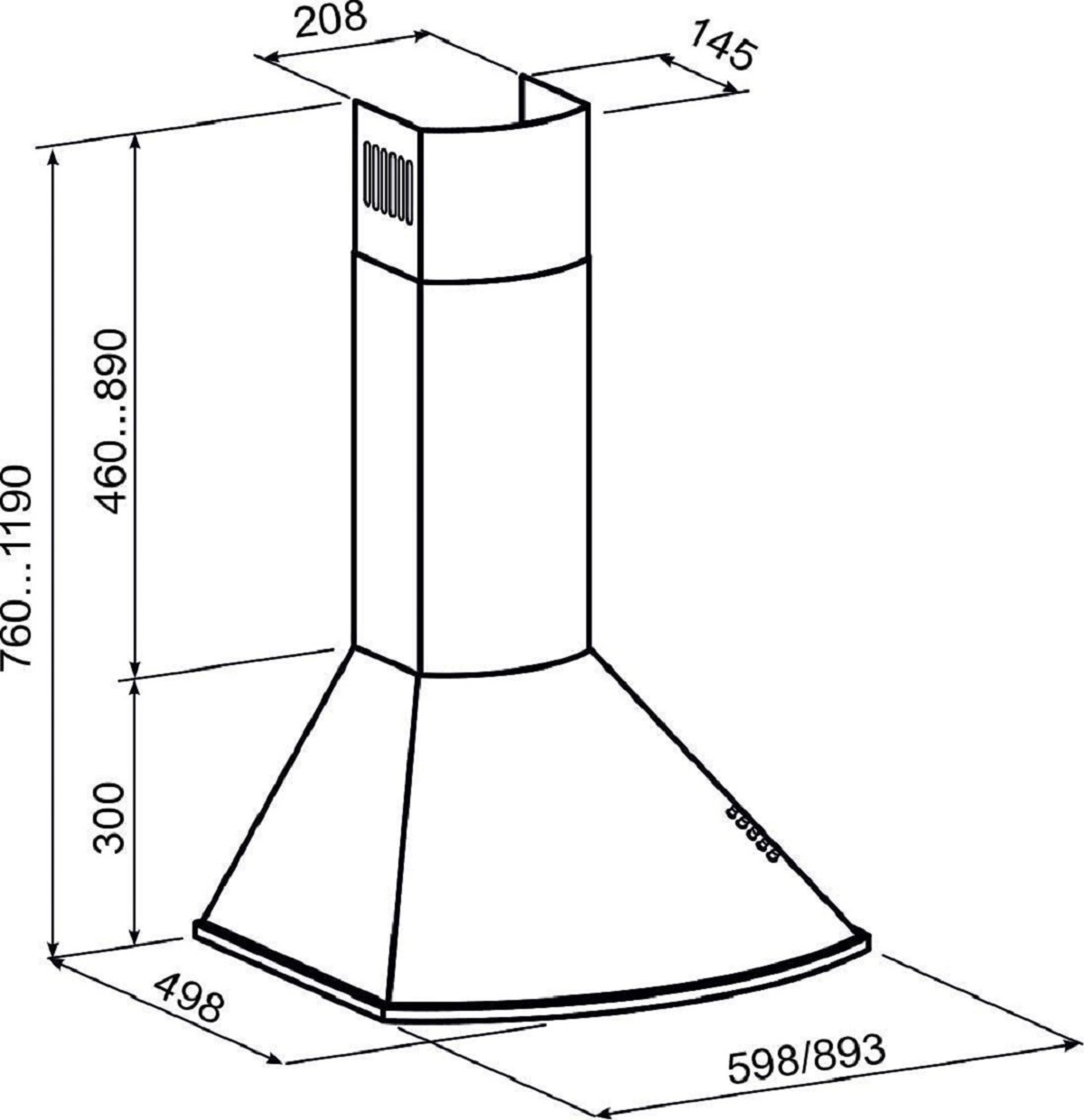 Un dibujo técnico de una campana de cocina con dimensiones en mm. El dibujo es un contorno negro sobre un fondo blanco.