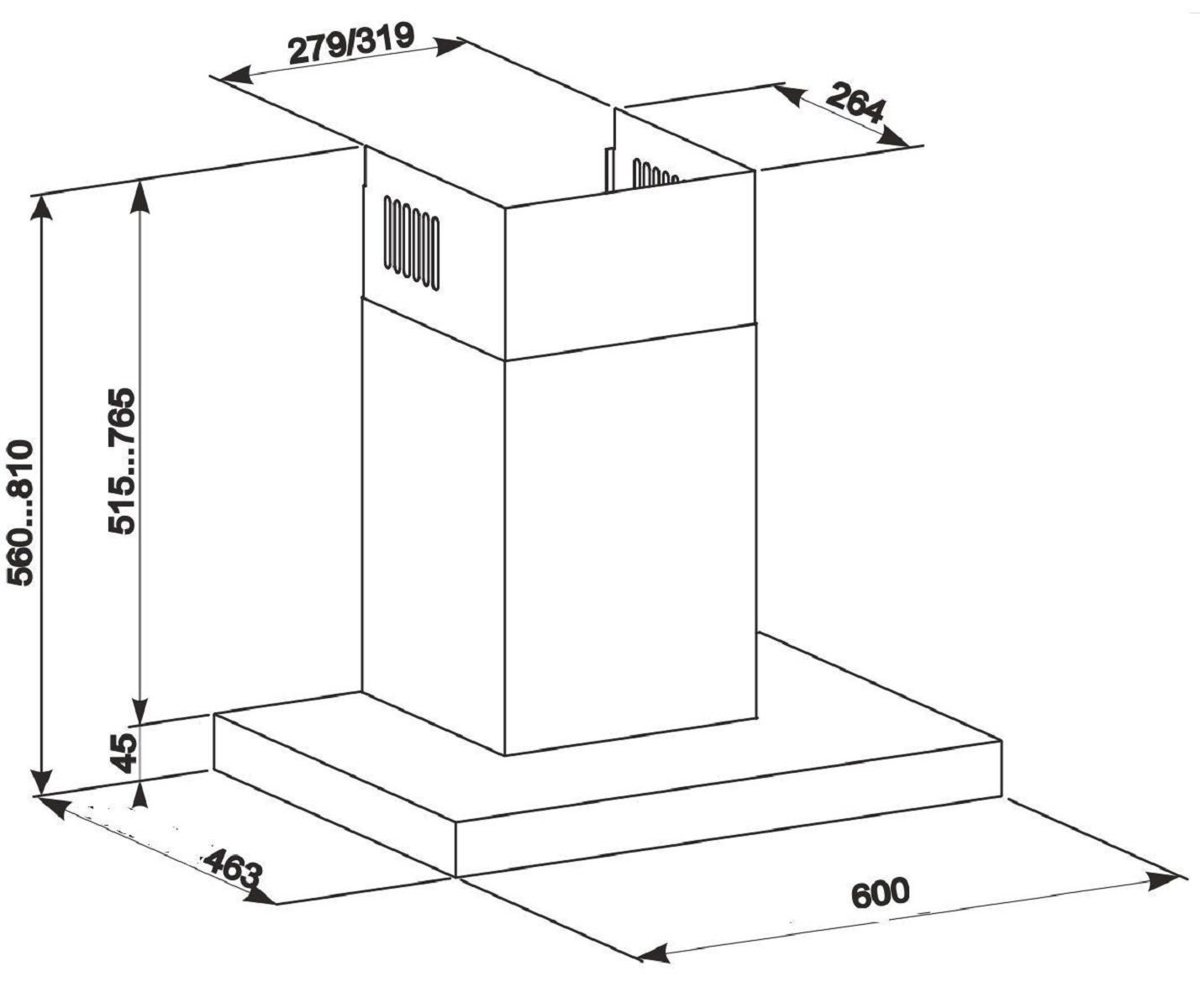 Un dibujo técnico de una campana extractora con dimensiones en milímetros.