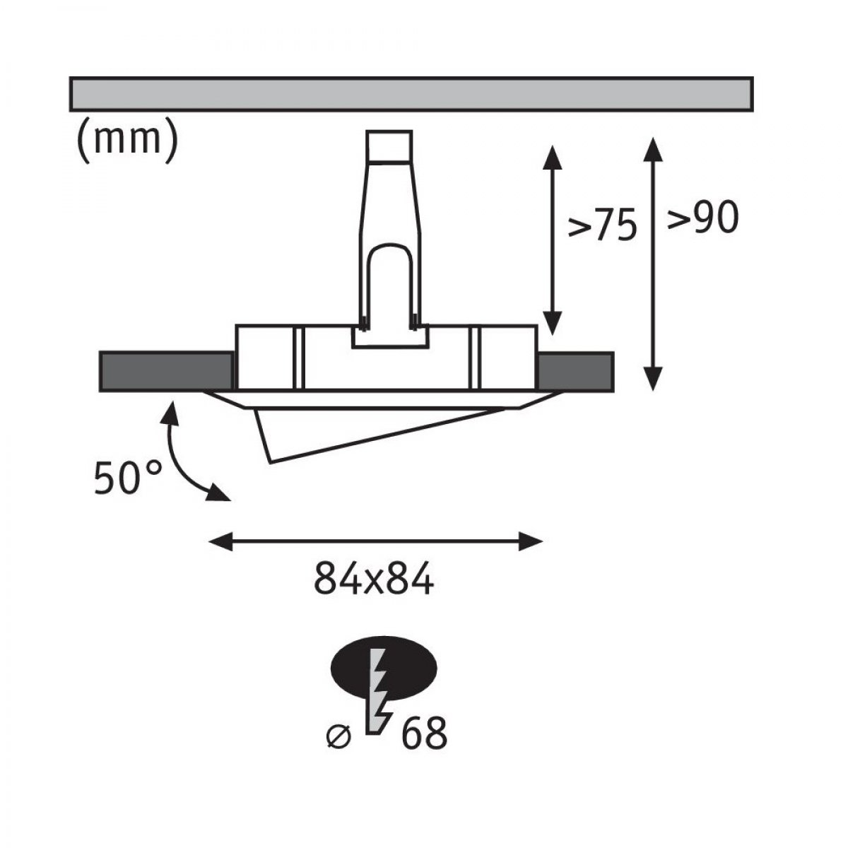Diagramm mit Abmessungen einer Deckenhalterung mit Pfeilen und Maßen.