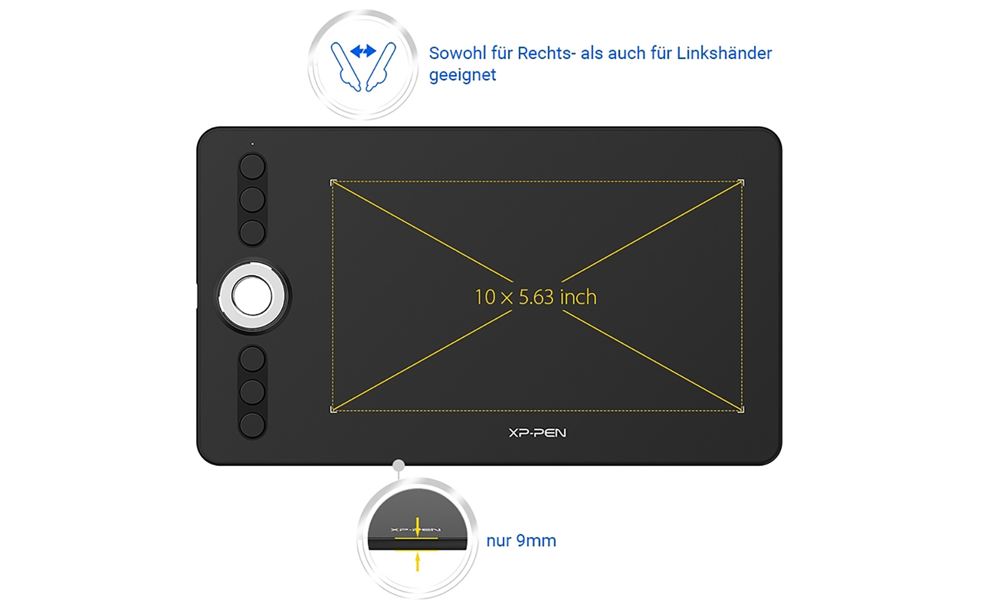 Tablet nero con pulsanti e un quadrante. Il testo indica una dimensione dello schermo di 10 x 5,63 pollici.