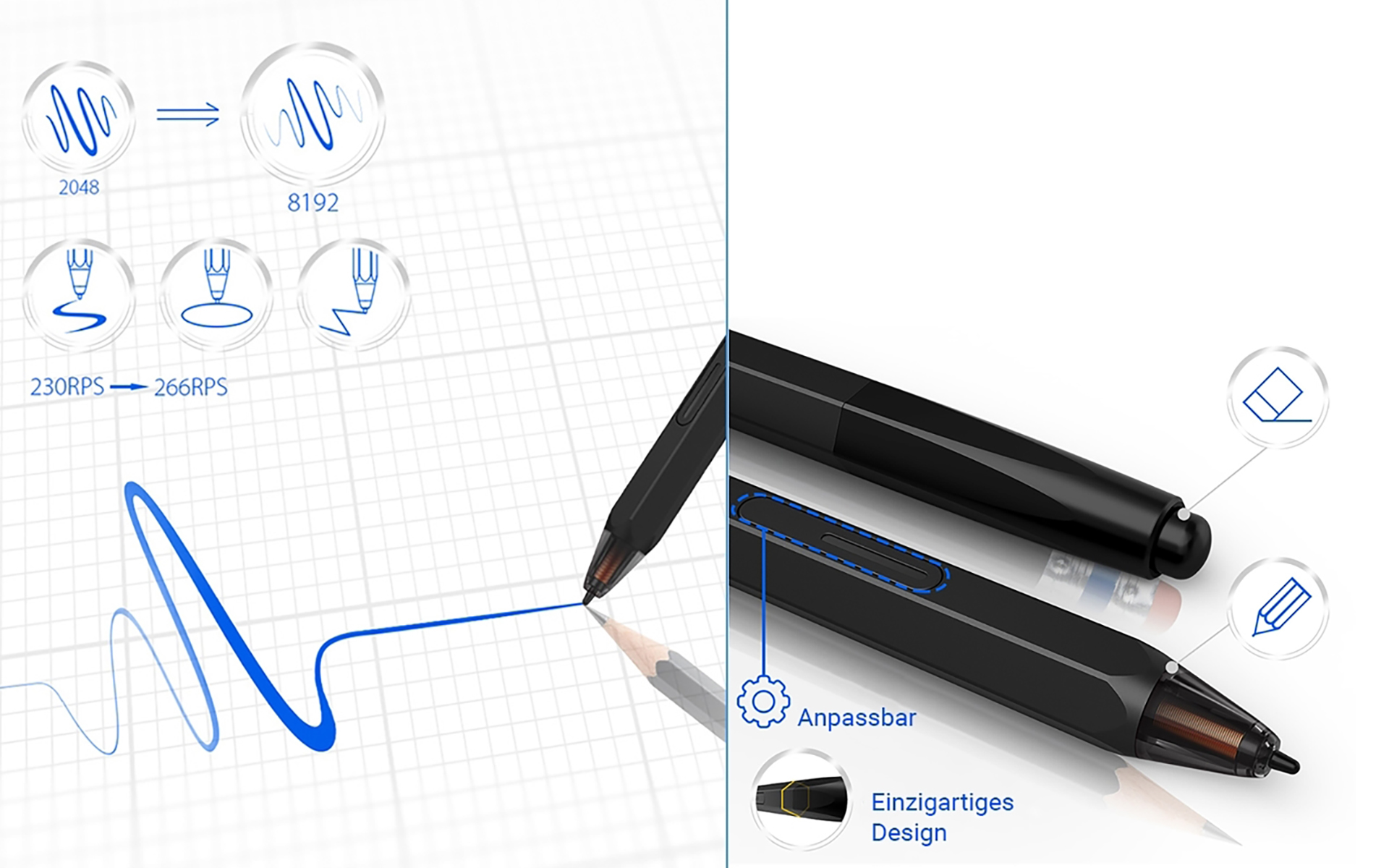 Una penna nera con linee e testo blu, che mostra un confronto della sensibilità alla pressione.