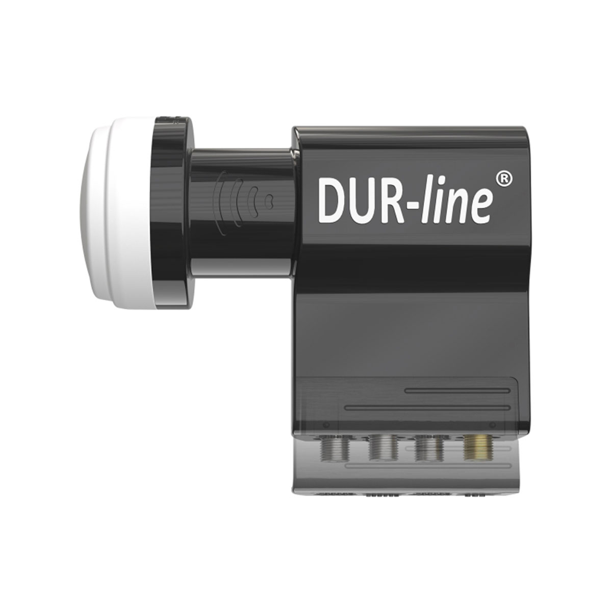 Schwarzes LNB mit weißen und schwarzen Details, mit 'DUR-line' darauf geschrieben.