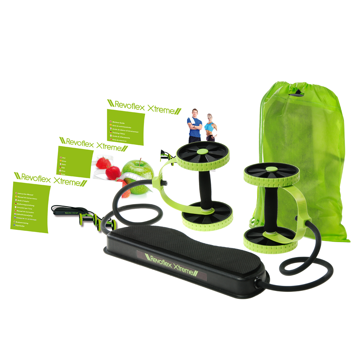RevoFlex Xtreme Trainingsgerät mit Anweisungen, Früchten und einer grünen Tasche.