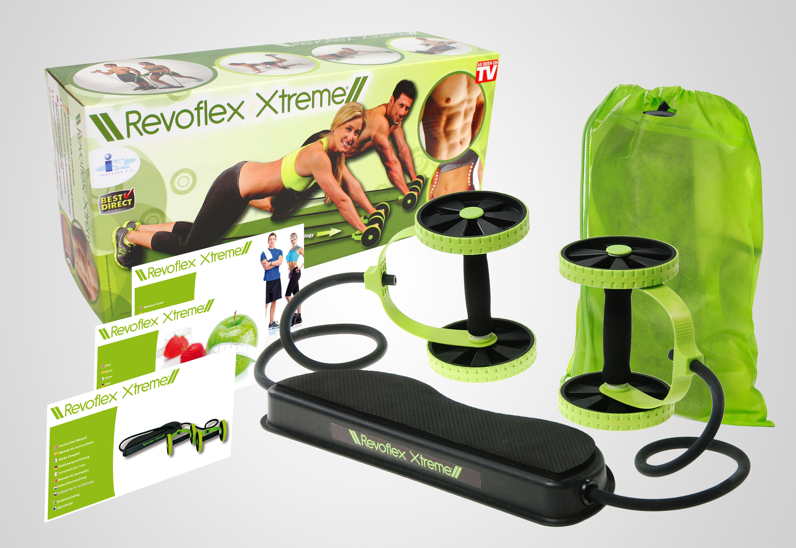 Revoflex Xtreme Trainingsgeräte-Set mit Box, Tasche und Zubehör.