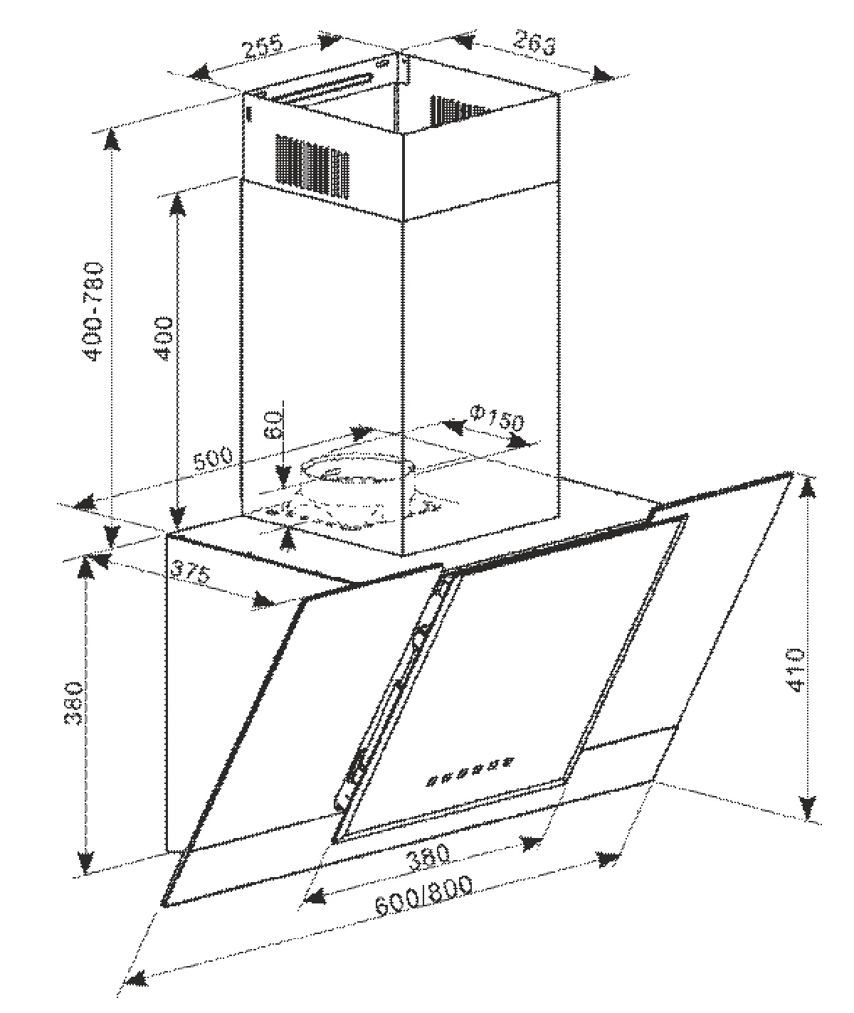 Dibujo técnico de una campana extractora, con dimensiones y anotaciones en alemán.