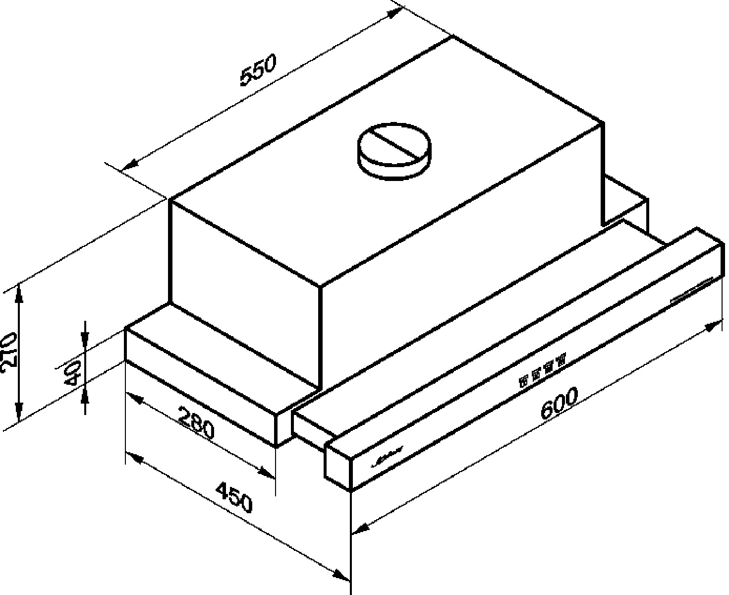 Dibujo técnico de una máquina con dimensiones en milímetros.