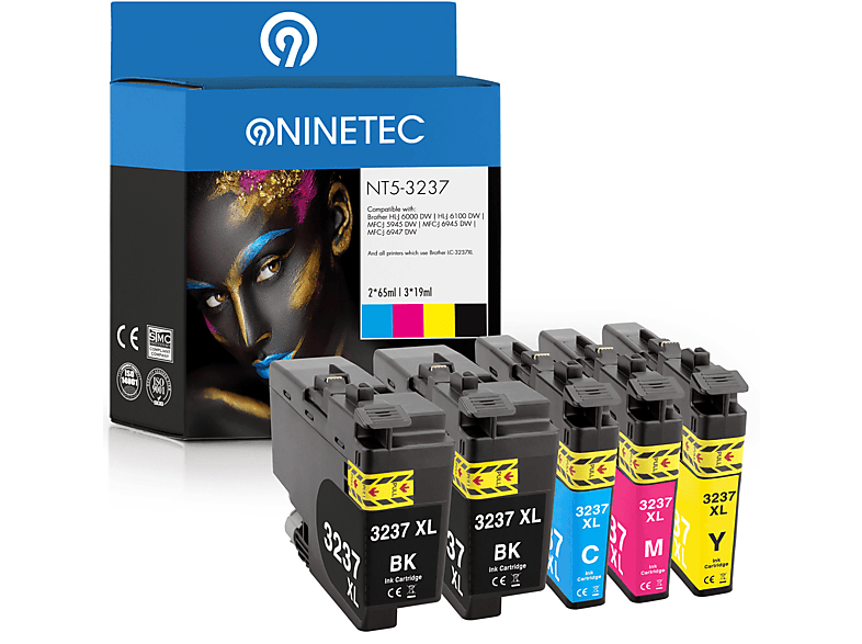 NINETEC 5er Set ersetzt Brother LC-3237 Tintenpatronen black, cyan, magenta,yellow (LC-3237 BK, LC-3237 C, LC-3237 M, LC-3237 Y)