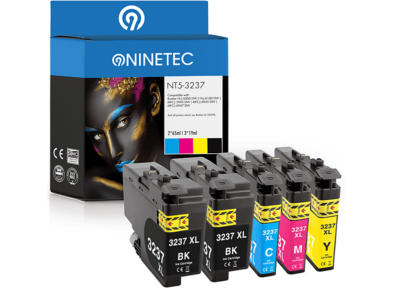 NINETEC 5er Brother cyan, BK, Set Tintenpatronen ersetzt C, LC-3237 black, Y) LC-3237 M, LC-3237 magenta,yellow (LC-3237 LC-3237