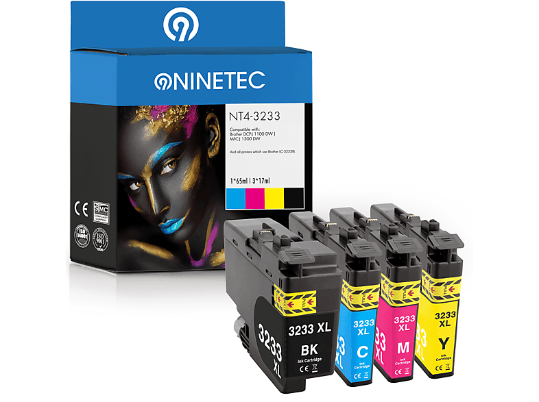 NINETEC 4er Set ersetzt Brother LC-3233 Tintenpatronen black, cyan, magenta,yellow (LC-3233 BK, LC-3233 C, LC-3233 M, LC-3233 Y)