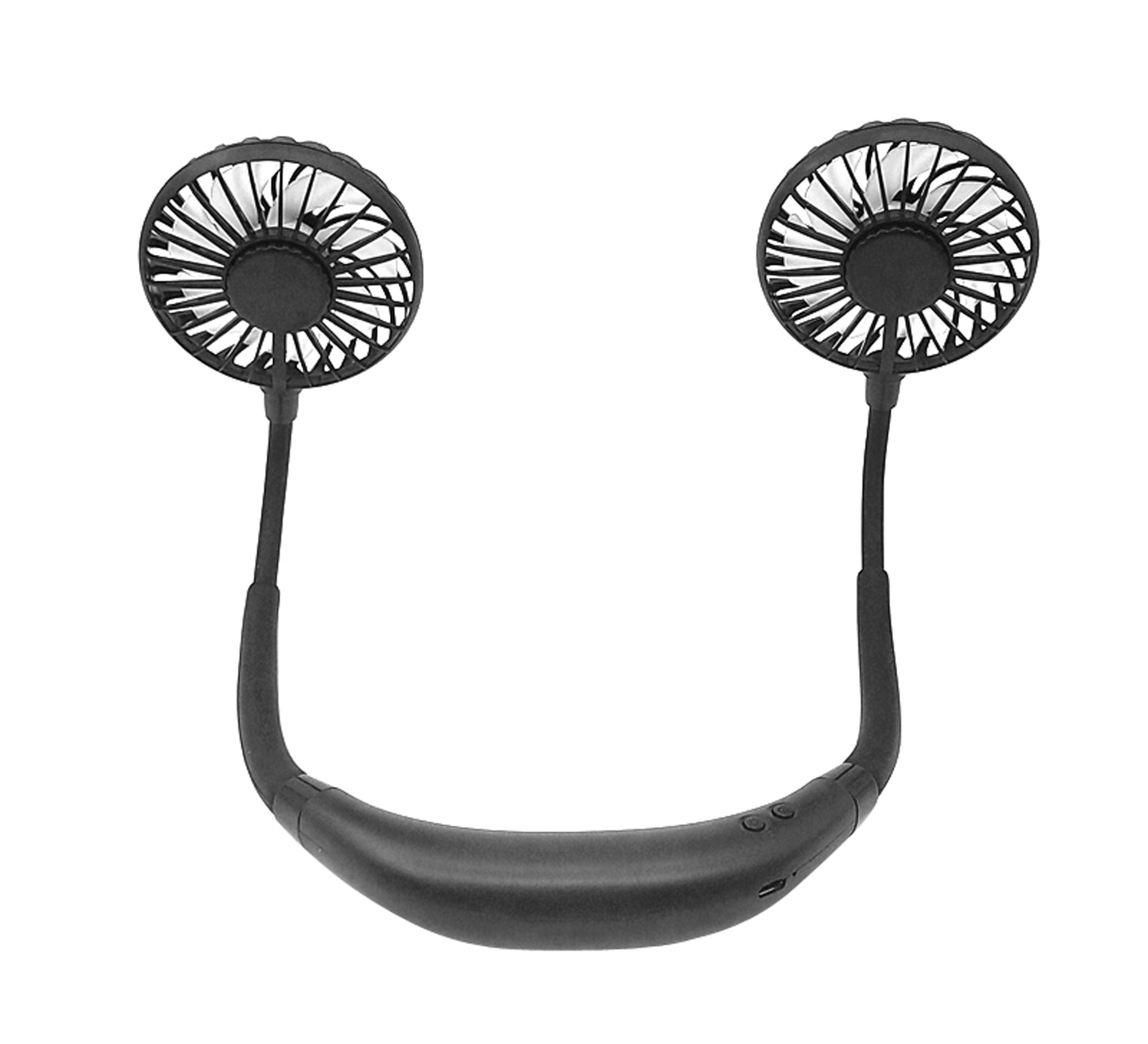 Ein schwarzer Nackenfächer mit zwei Ventilatoren, an einem Nackenband, auf weißem Grund.