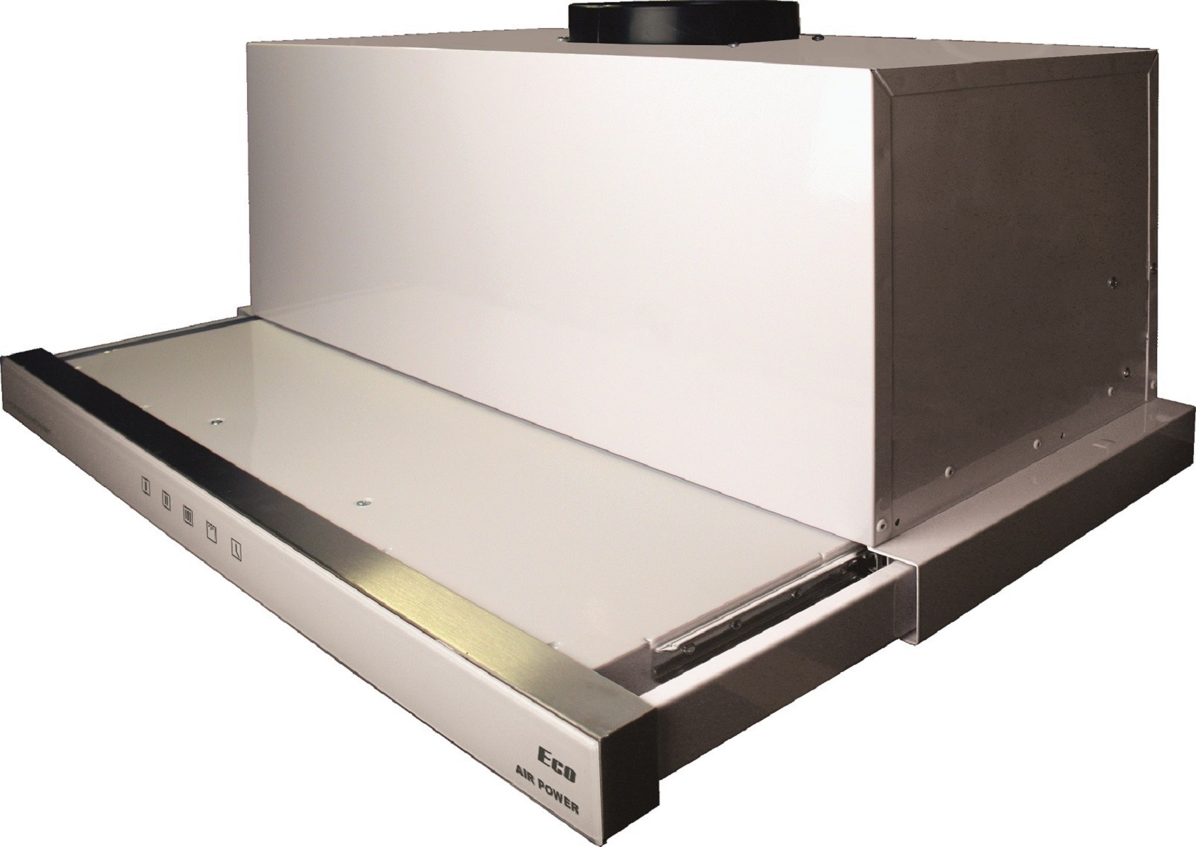 Campana extractora blanca con panel de vidrio. Ribete de acero inoxidable.