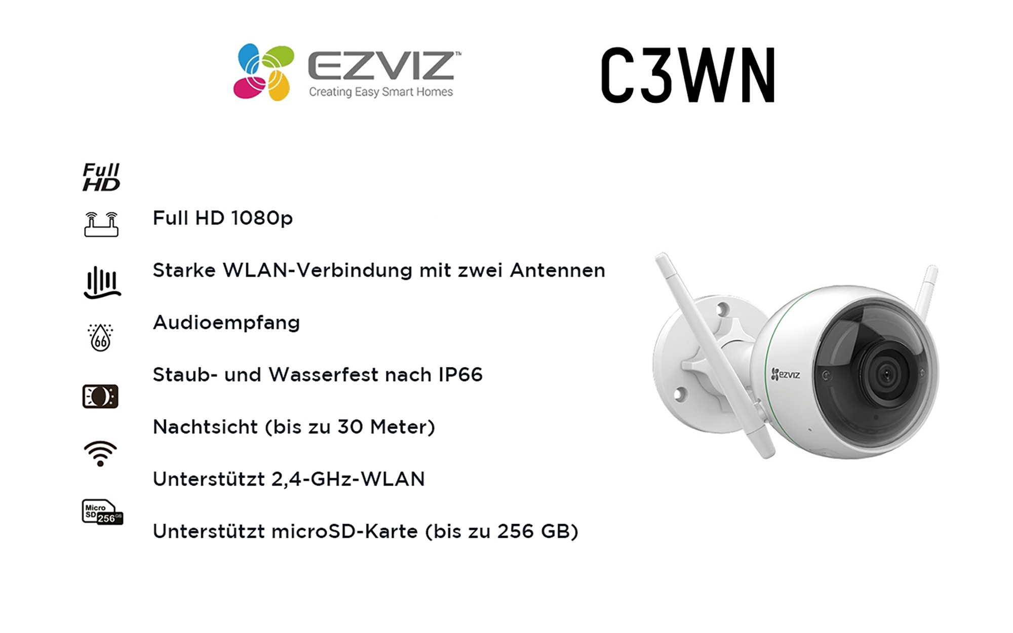 Smart EZVIZ Wi-FI Kamera, C3WN Outdoor Überwachungskamera