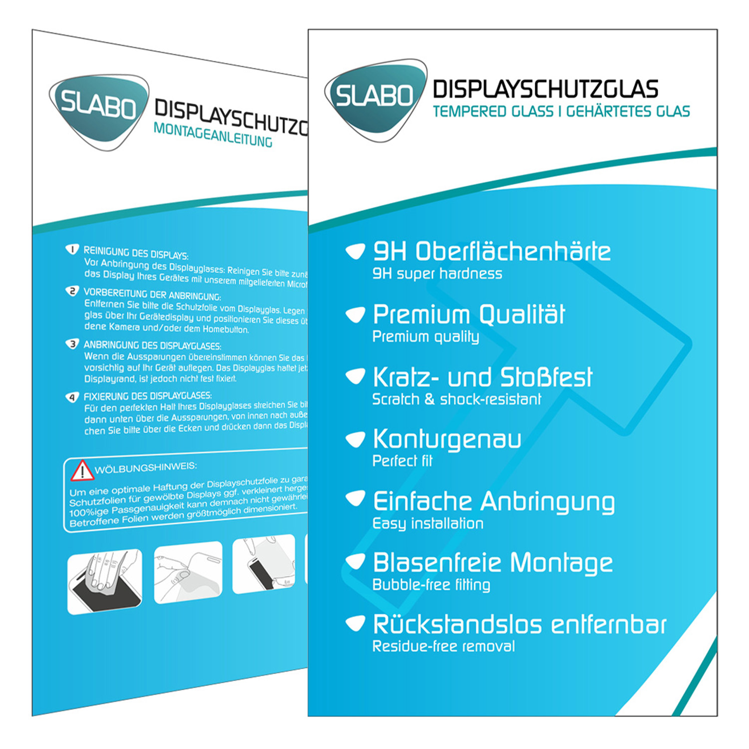 Eine Displayschutzfolienverpackung. Zu den Merkmalen gehören Kratzfestigkeit, blasenfreie Installation und hohe Transparenz.