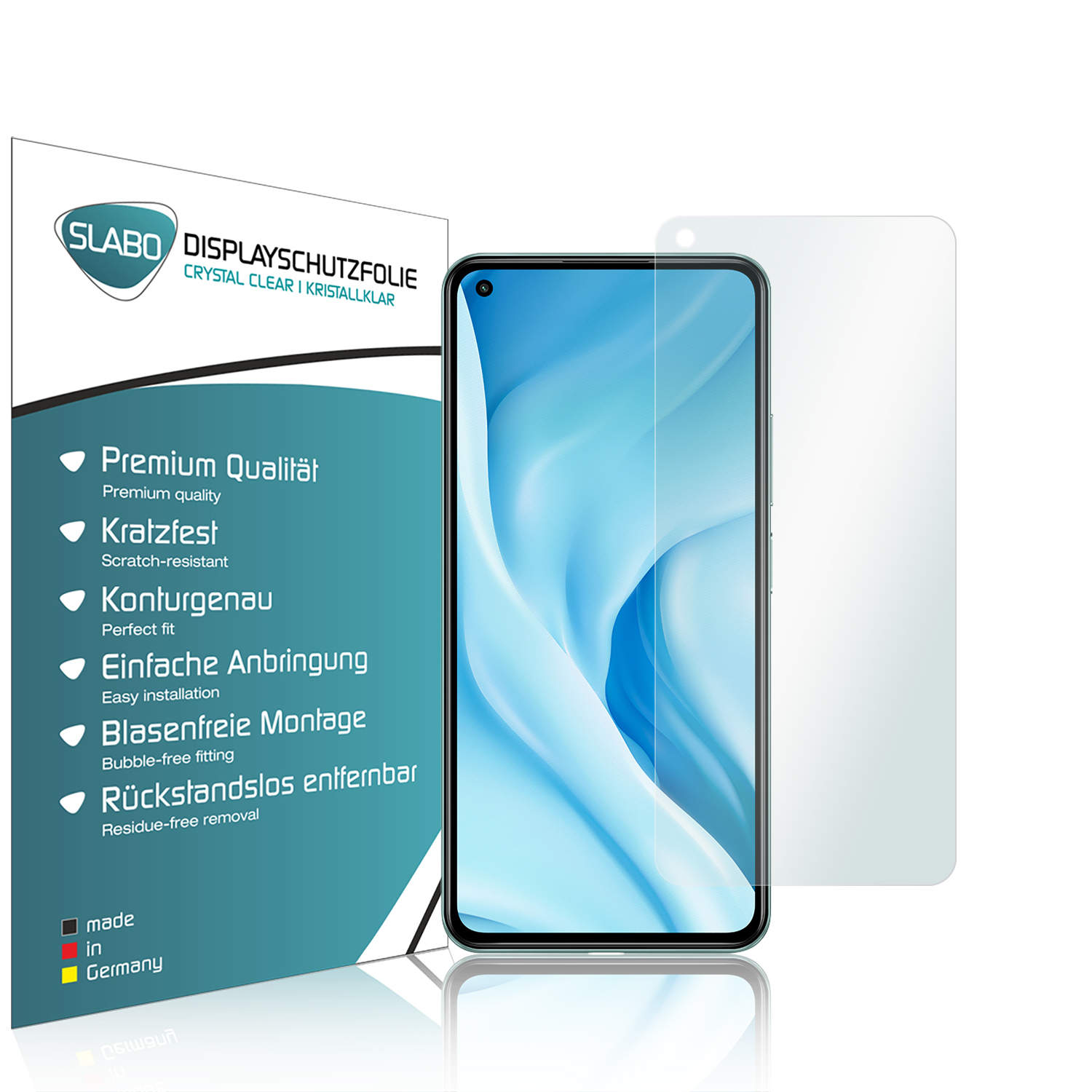 Verpackung eines Displayschutzglases mit einem Telefon und einem Schutz. Text auf Deutsch.