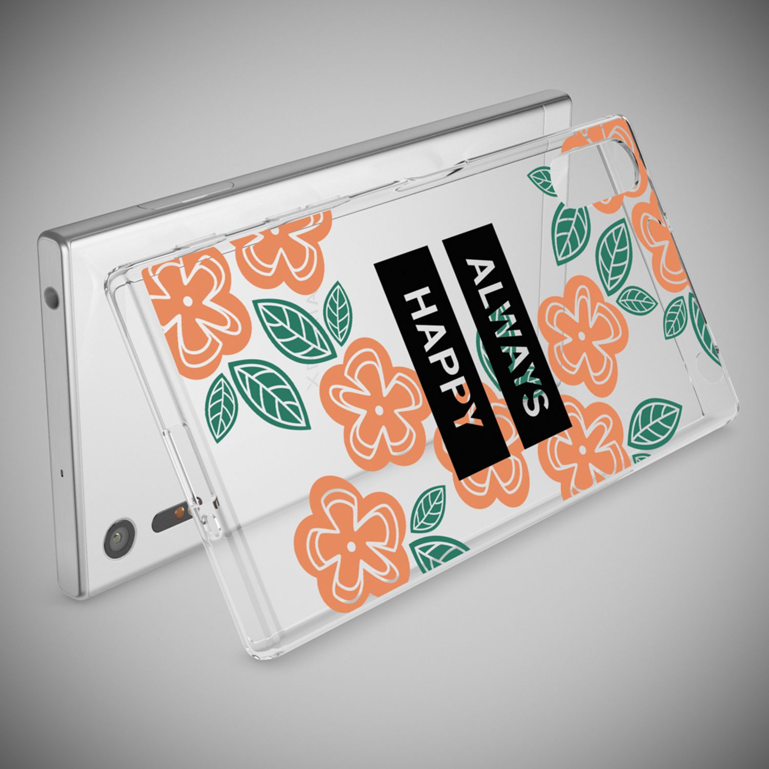 Una custodia trasparente con fiori arancioni e la scritta "ALWAYS HAPPY".