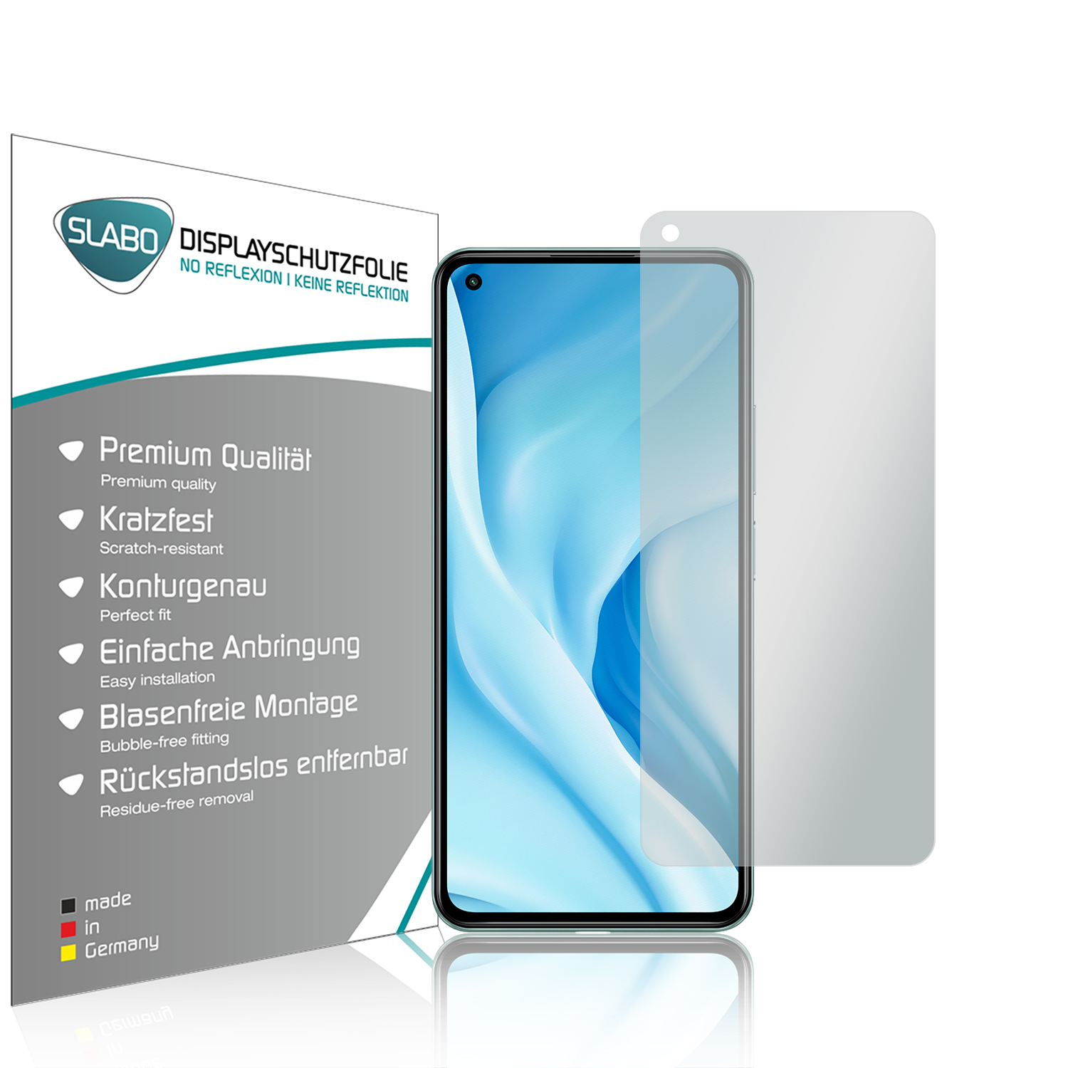 Ein Telefon mit Displayschutz, eine weiße Box mit Text und ein Telefon auf weißem Hintergrund.