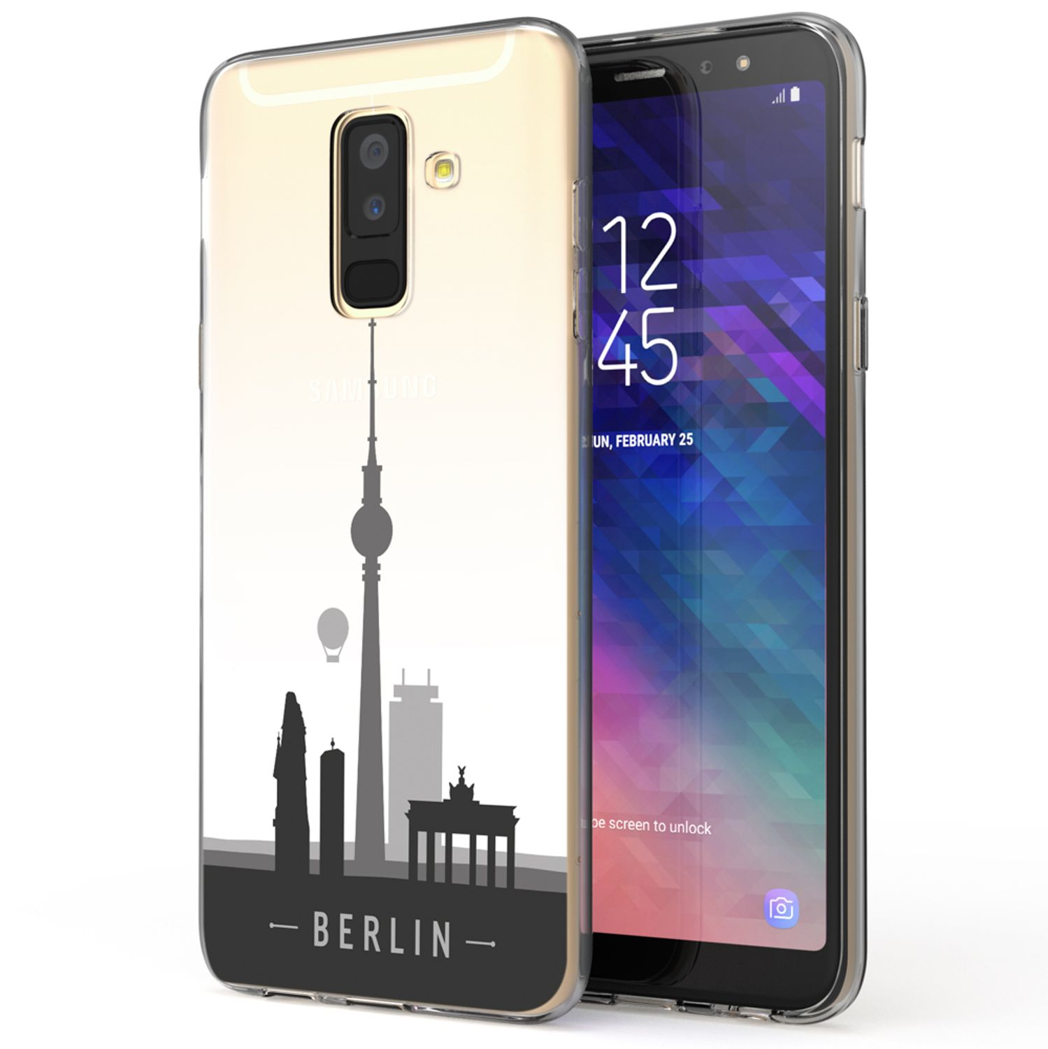 Ein Smartphone in einer Hülle mit einer Berliner Skyline-Silhouette und dem Wort 'Berlin'.