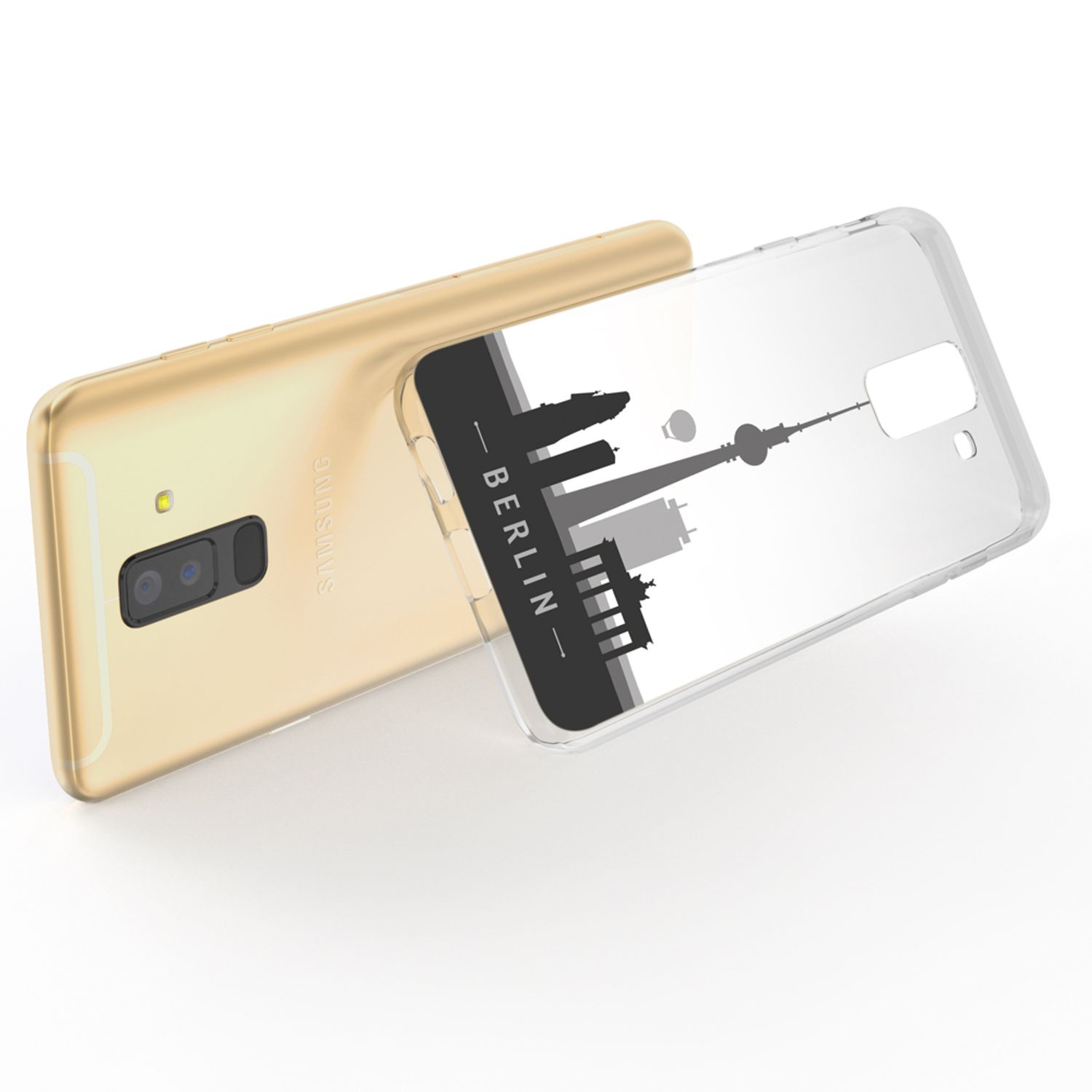 Goldenes Telefon mit einer Handyhülle mit Berliner Skyline. Die Hülle ist durchsichtig mit schwarzem Design.