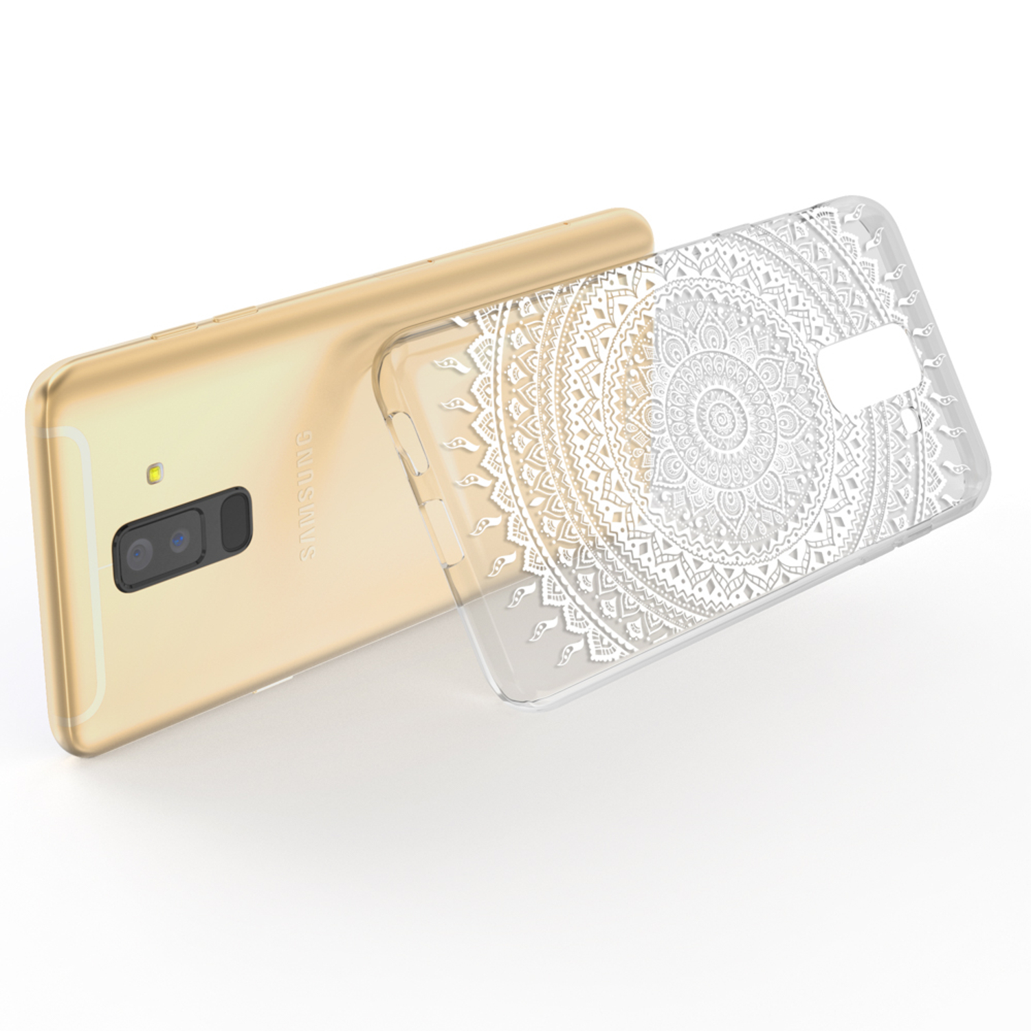 Ein Telefon mit einer weißen Mandala-Design-Handyhülle.