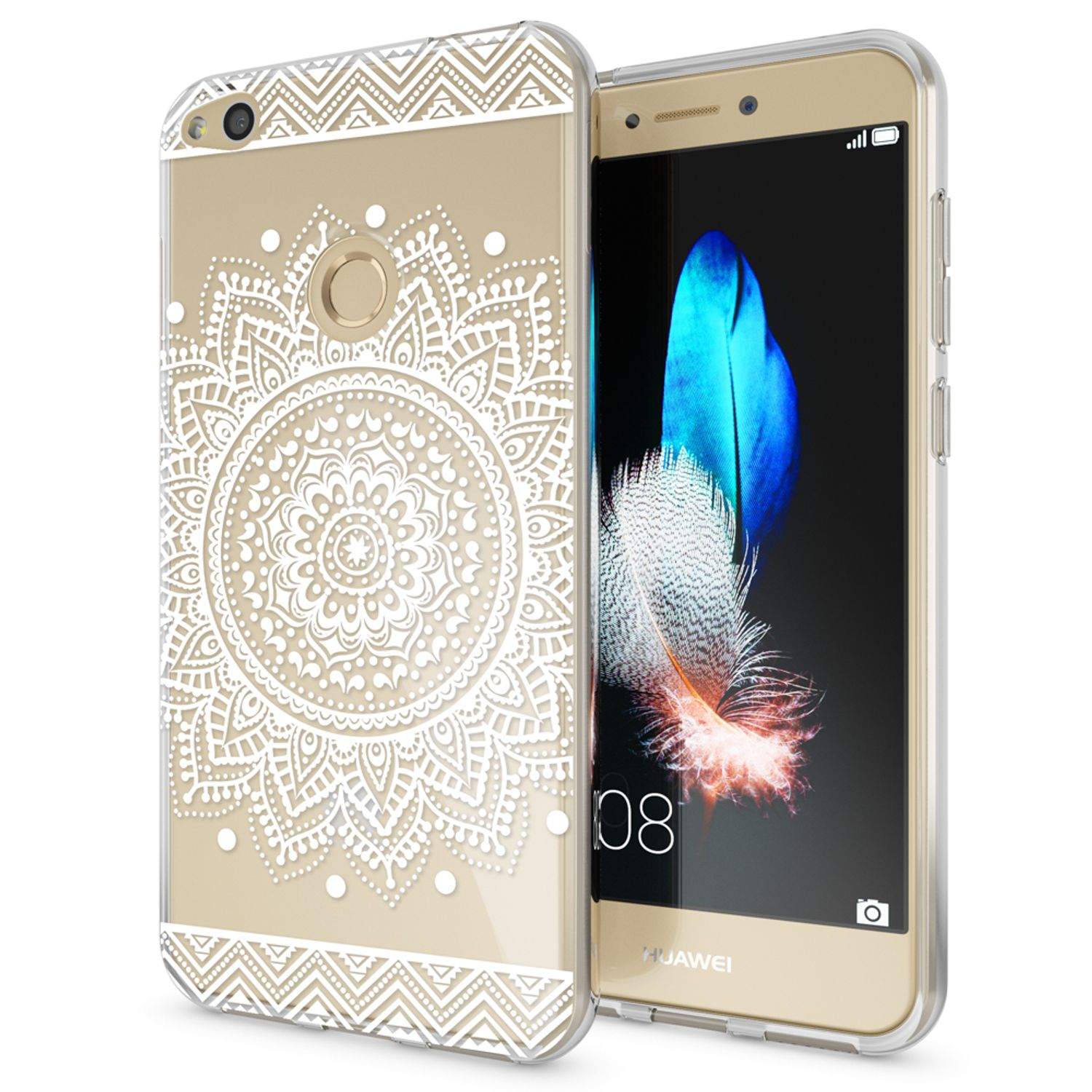 Un téléphone dans un étui avec un motif floral blanc. Le téléphone est sur un fond blanc.