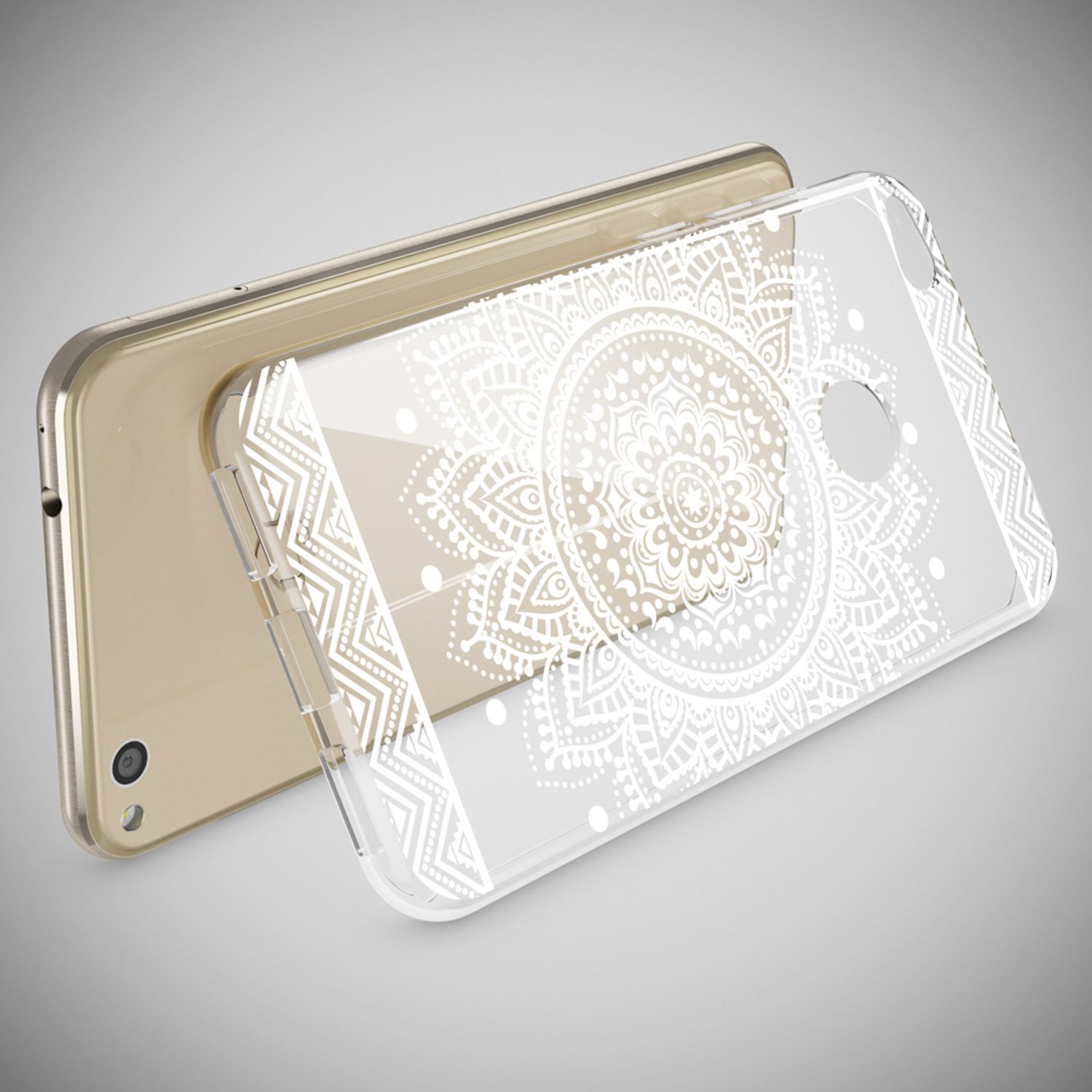 Ein Telefon mit einer weißen Mandala-Design-Hülle. Das Telefon ist goldfarben und die Hülle transparent.