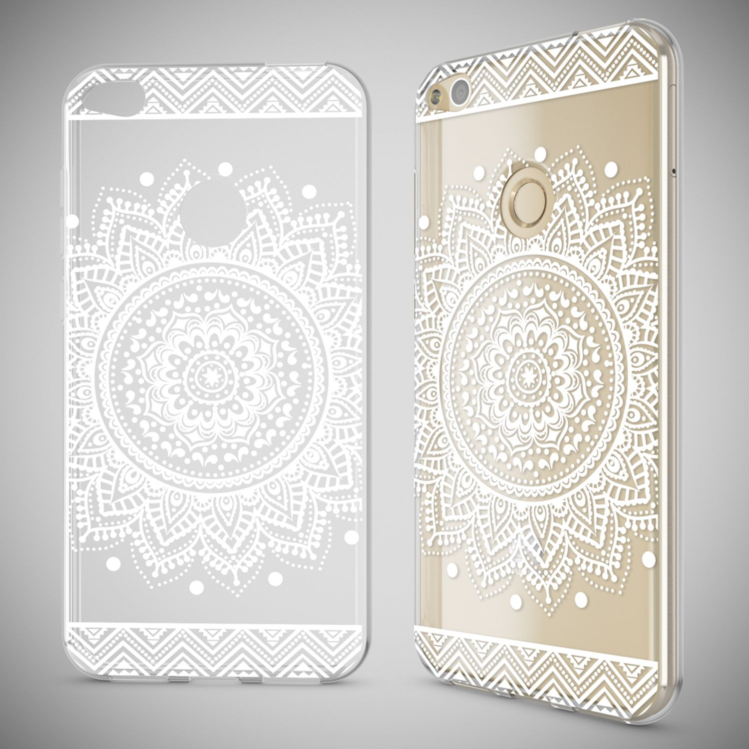 Transparente Handyhülle mit weißem Mandala-Design. Transparente Hülle mit einem Telefon darin.