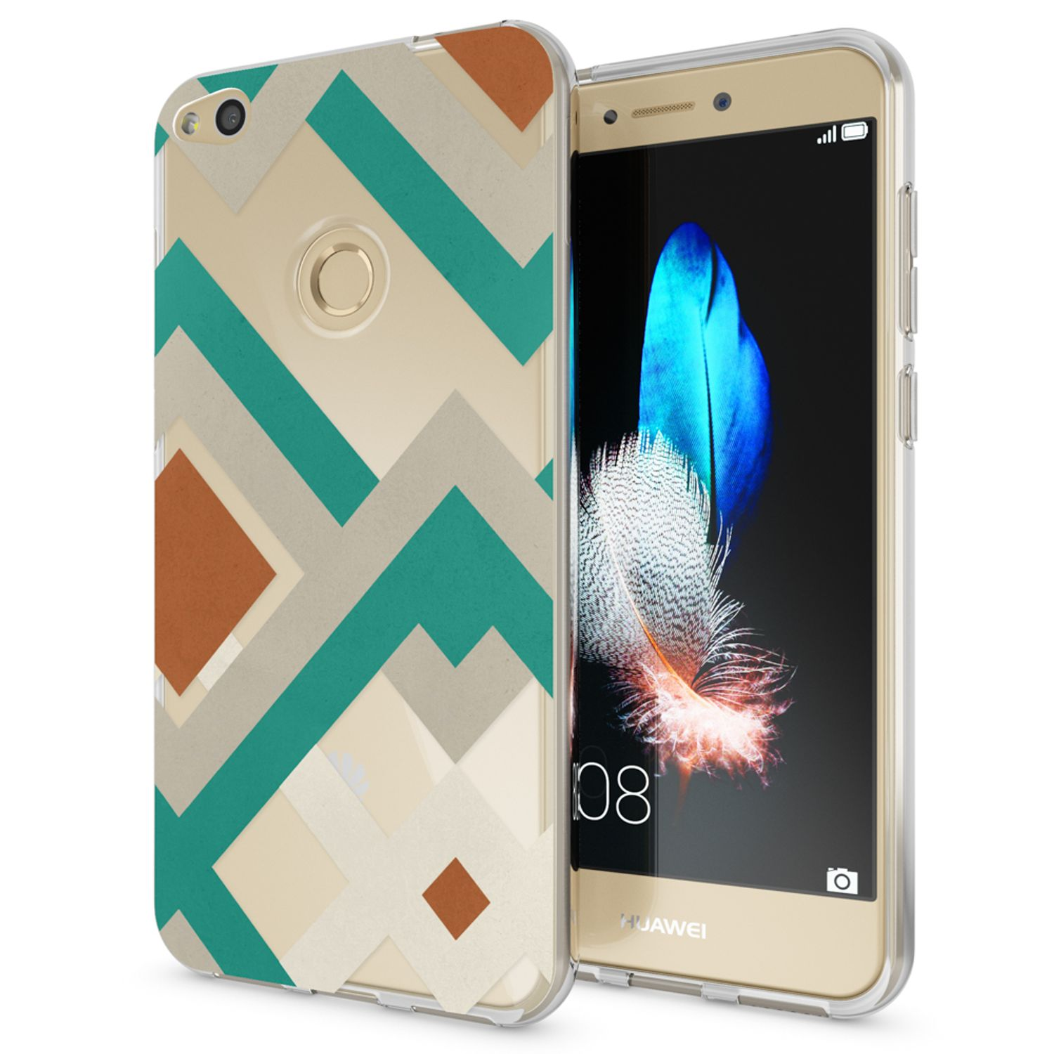 Un téléphone dans un étui avec un motif géométrique. Le motif est beige, turquoise et marron.