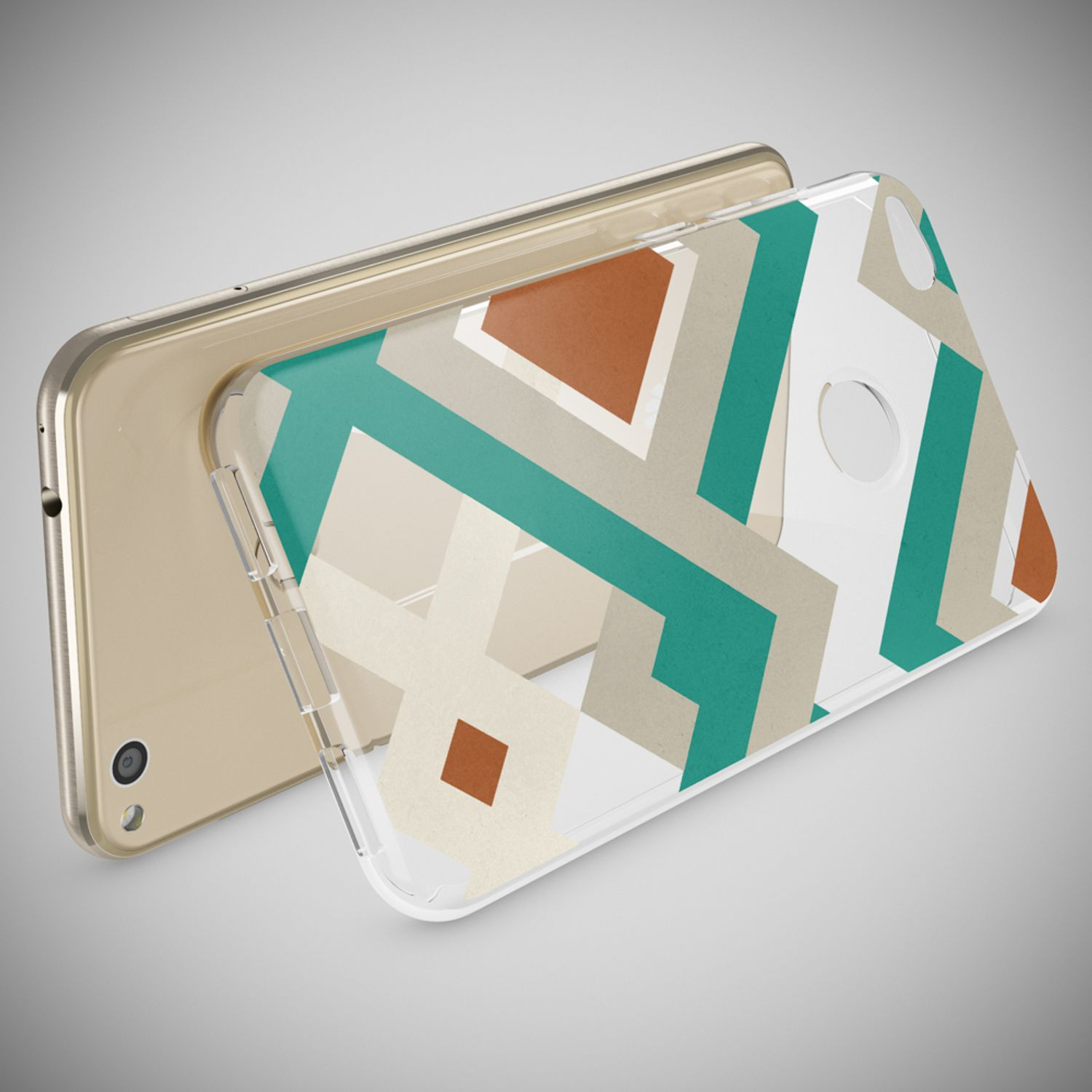Coque de téléphone avec un motif géométrique beige et turquoise, inclinée contre le téléphone.