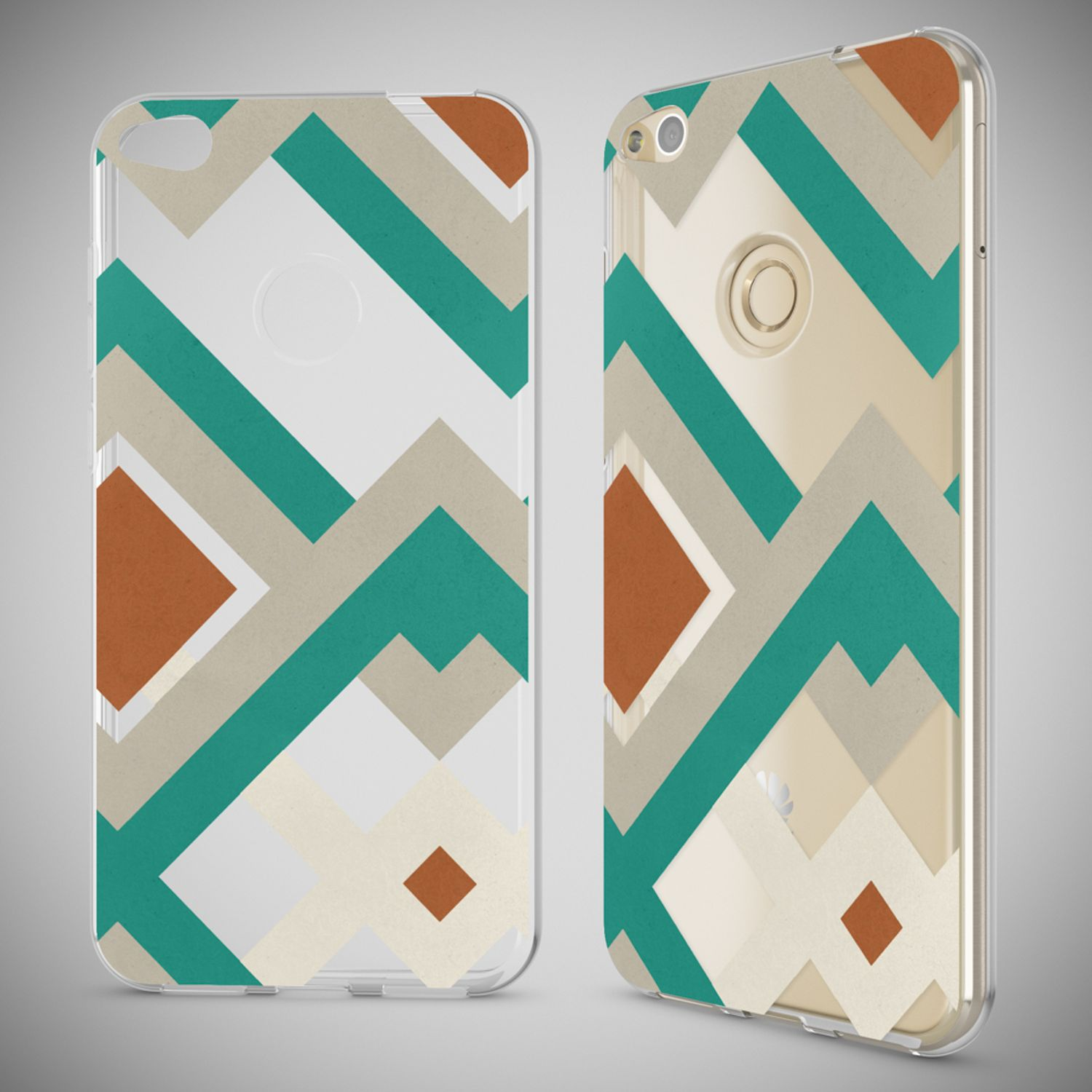 Deux coques de téléphone avec des motifs géométriques. Les coques ont une bordure transparente et des motifs colorés.