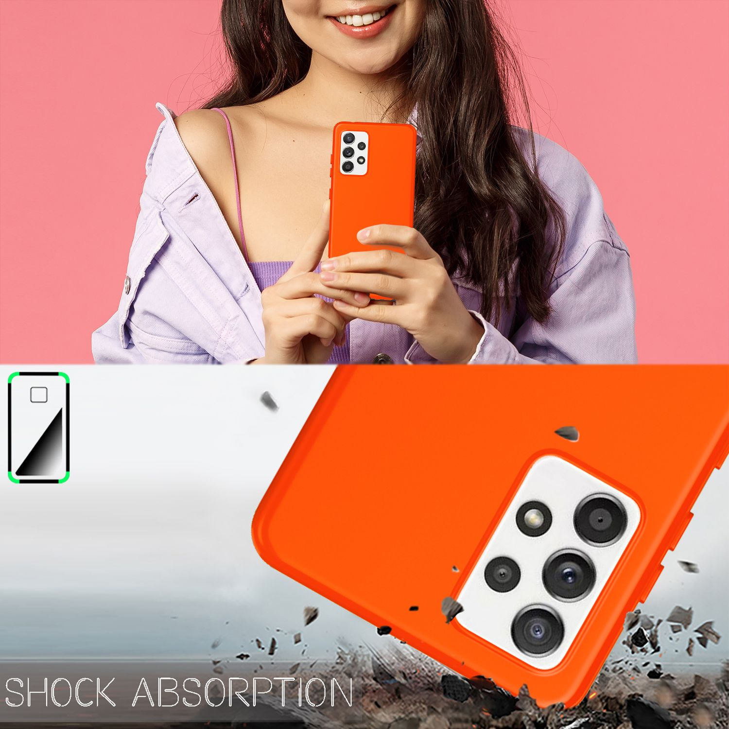 Donna che tiene in mano un telefono arancione con una grafica di assorbimento degli urti.